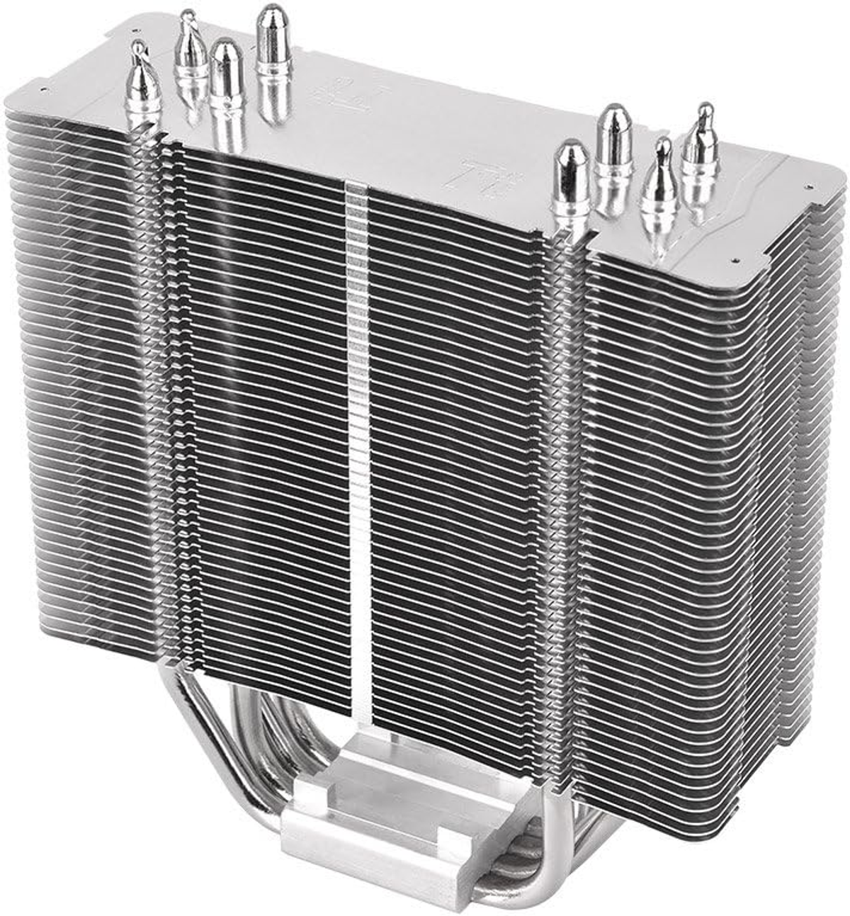Gümüş renkli, metal CPU soğutucu, çok sayıda kanatçık ve bakır boruya sahip.