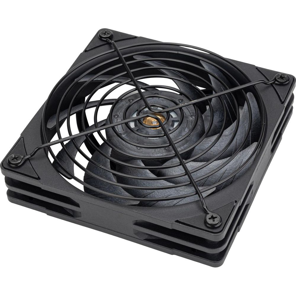 Ventilatore per computer nero con griglia metallica e pale a spirale.
