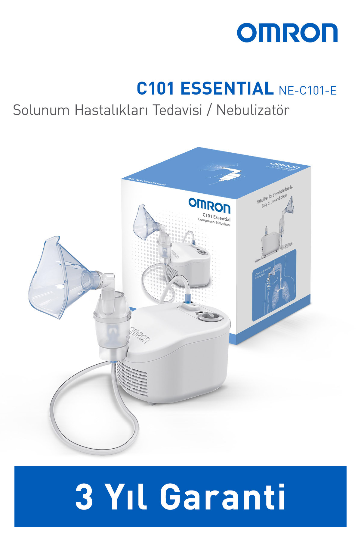 Maske ve hortumlu beyaz nebülizör. OMRON C101 Essential NE-C101-E.