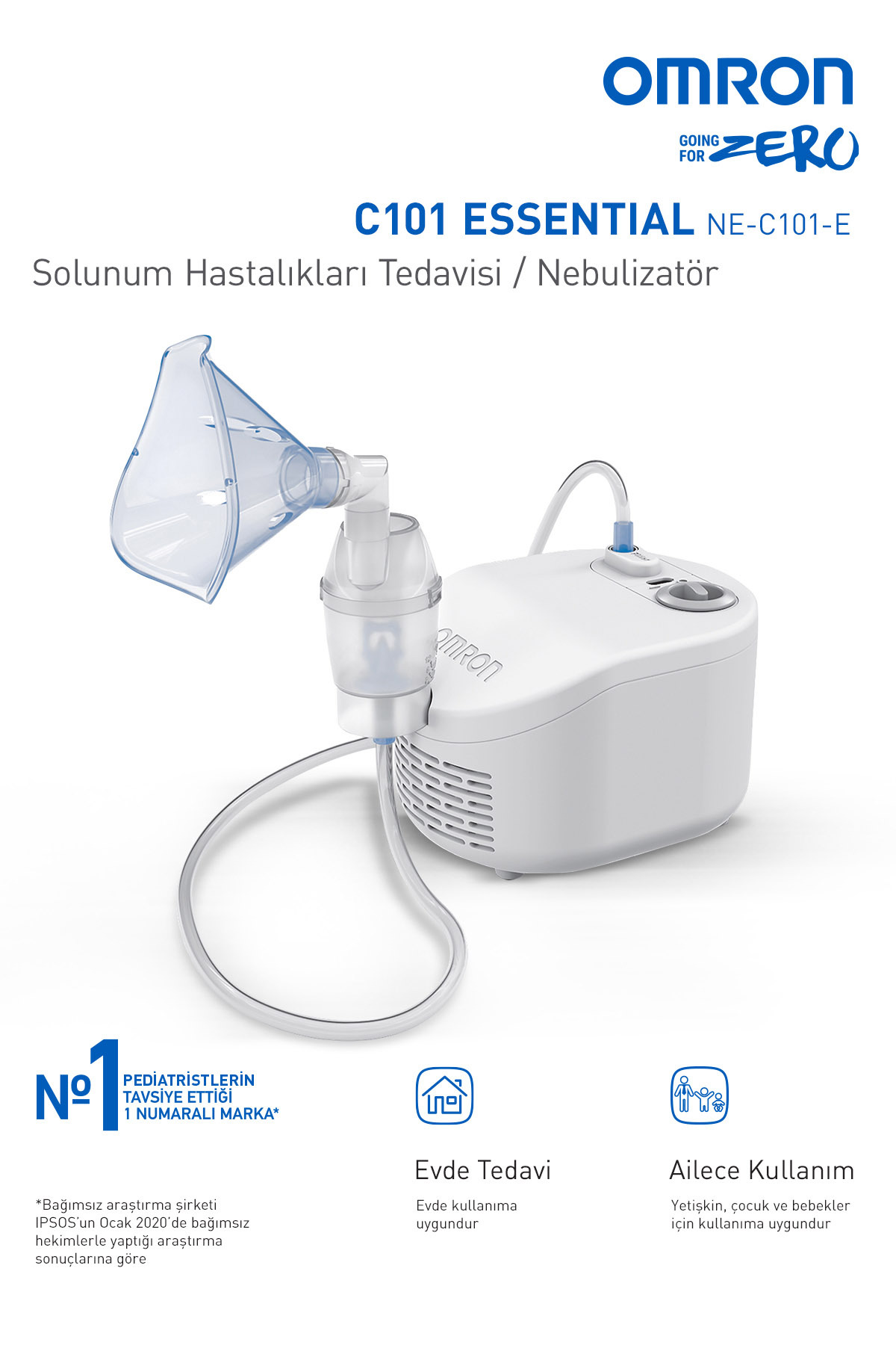 Maske ve hortumlu beyaz Omron C101 Essential nebulizer.