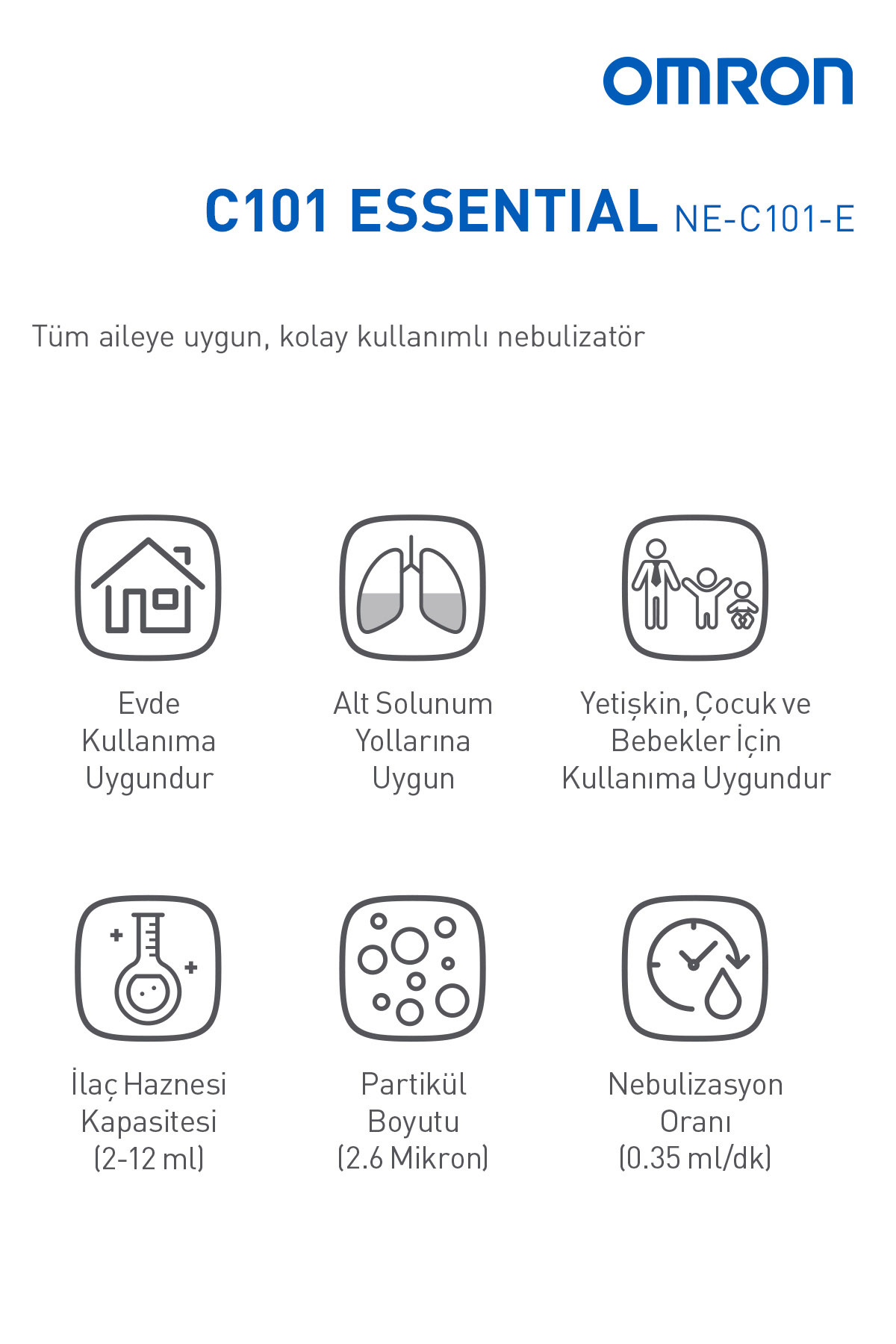 Omron C101 Essential Nebülizör: Ev, alt solunum, tüm yaşlar. 2-12ml hazne.