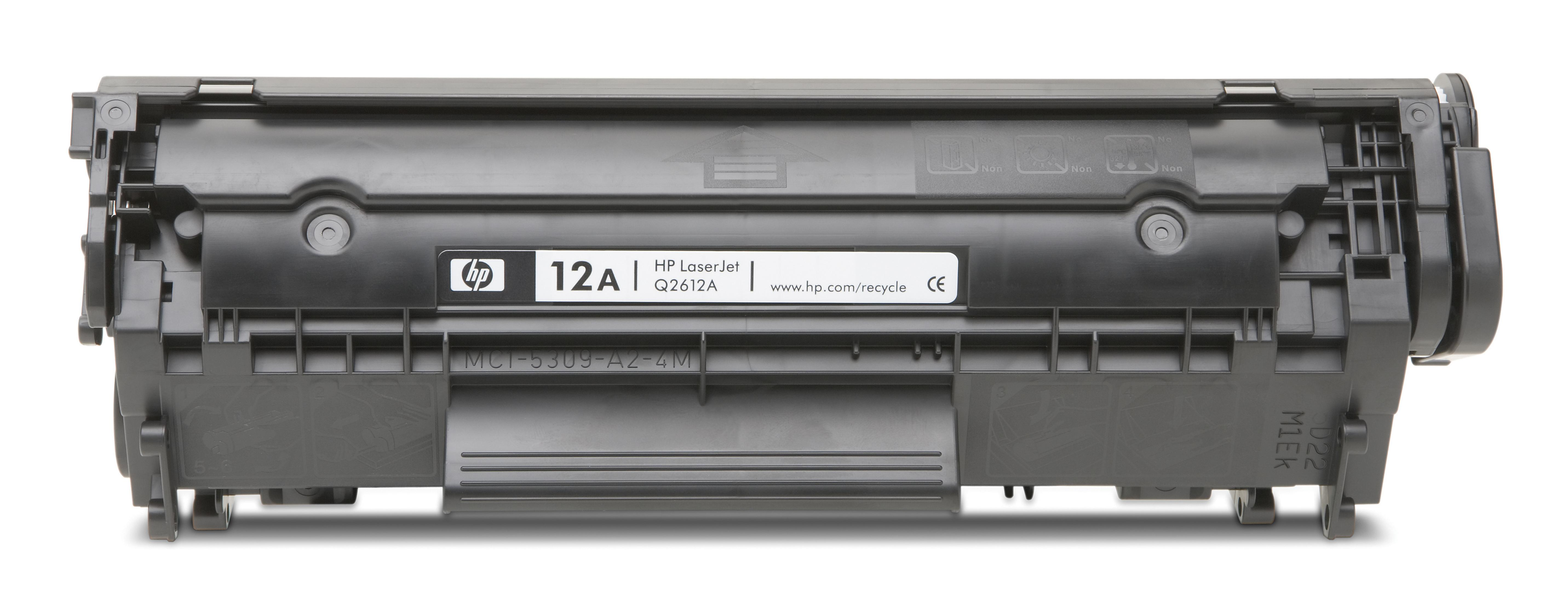 Siyah HP LaserJet 12A toner kartuşu, model Q2612A, geri dönüşüm bilgili.