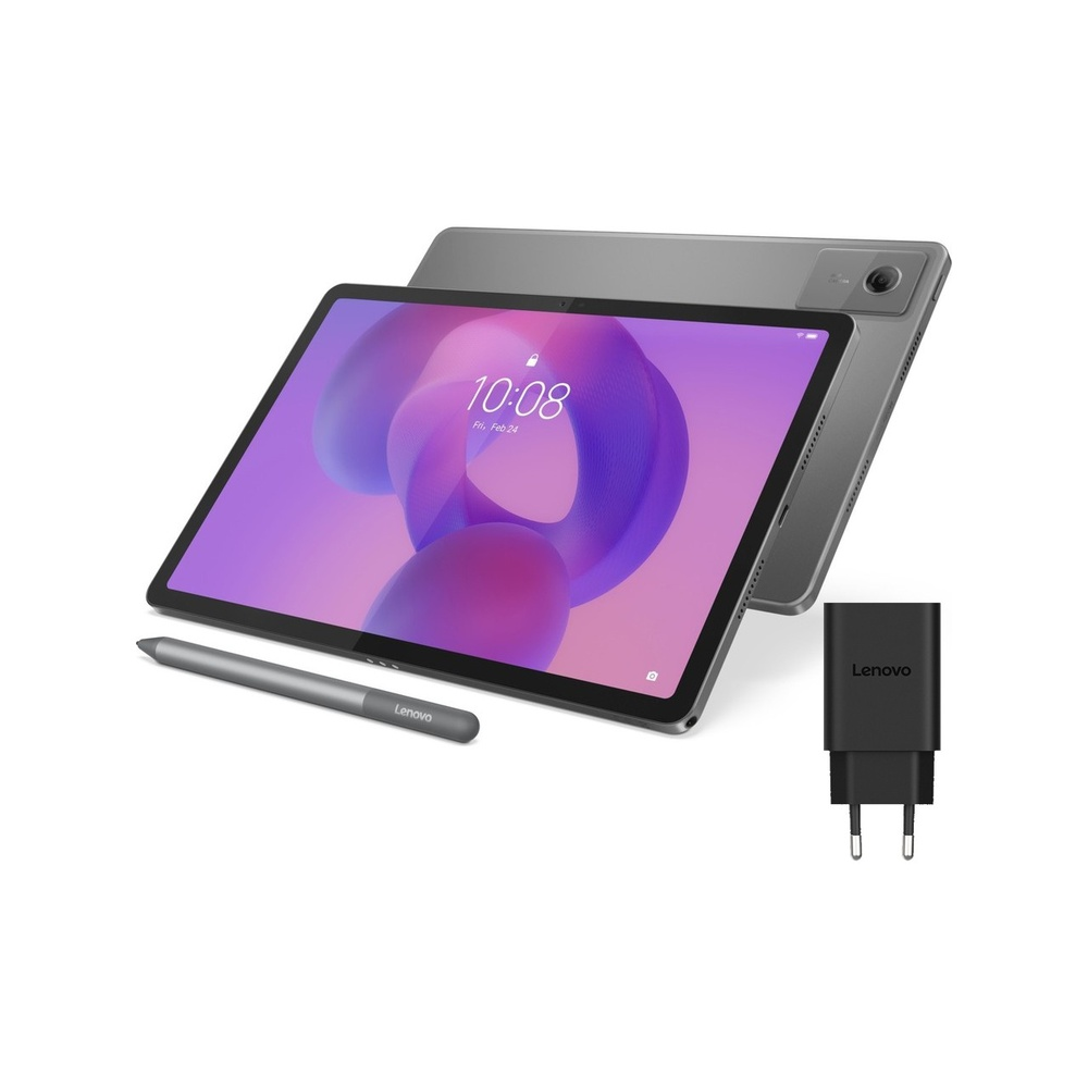 Beyaz arka plan üzerinde kalem ve şarj cihazlı gri Lenovo tablet.