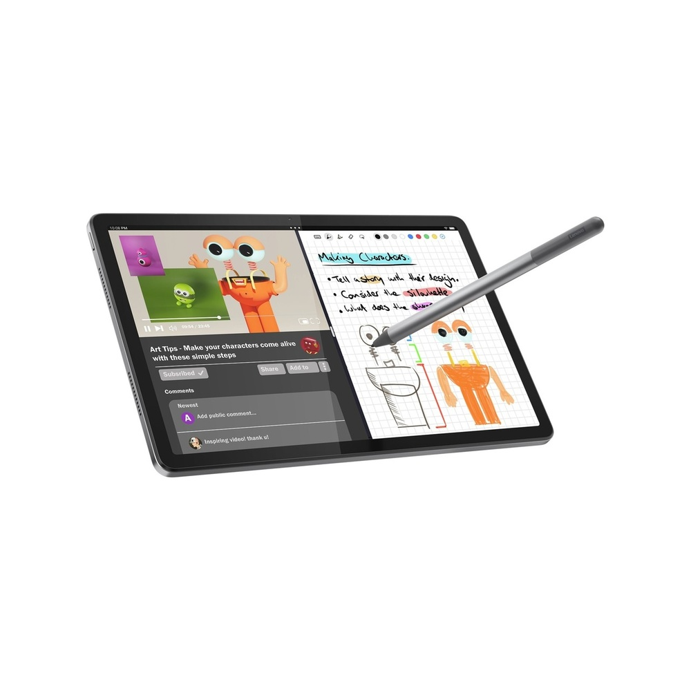 Ekran kalemi olan tablet, çizgi film çizimleri ve notlar içeren bir sanat eğitim uygulaması gösteriyor.