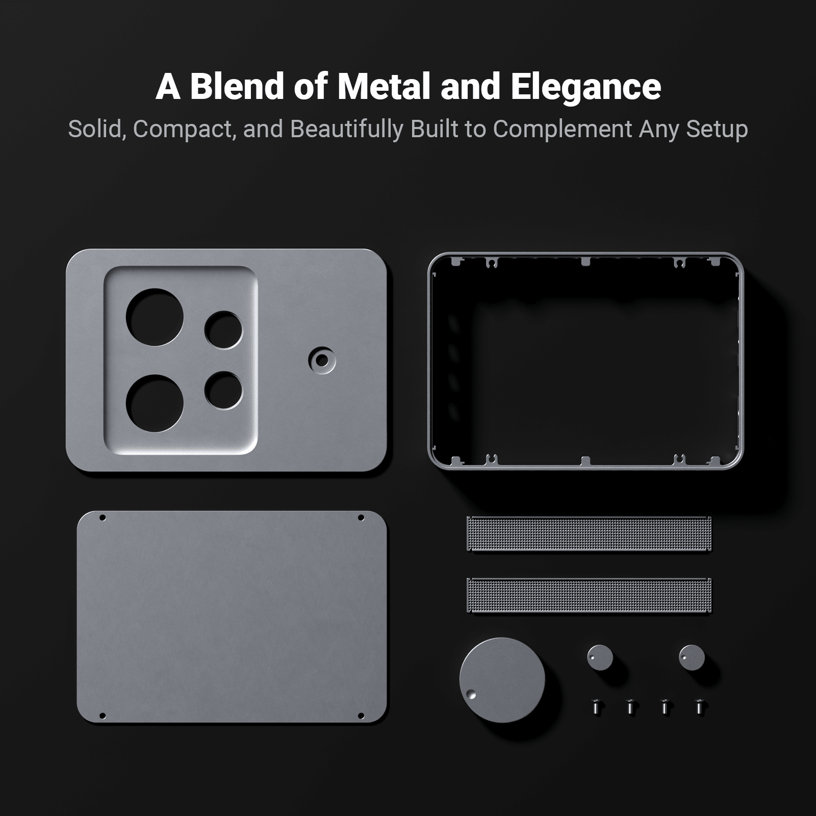 Exploded view van metalen apparaatcomponenten: camerahuis, frame, panelen, mesh filters, knoppen en schroeven.