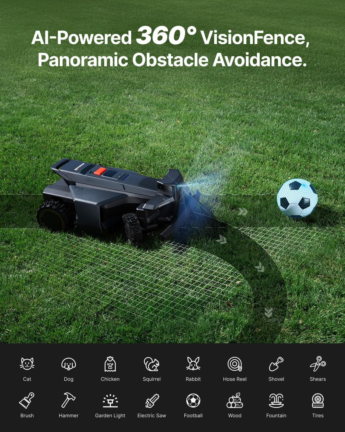 A black robotic lawn mower cuts a green lawn with a soccer ball nearby.