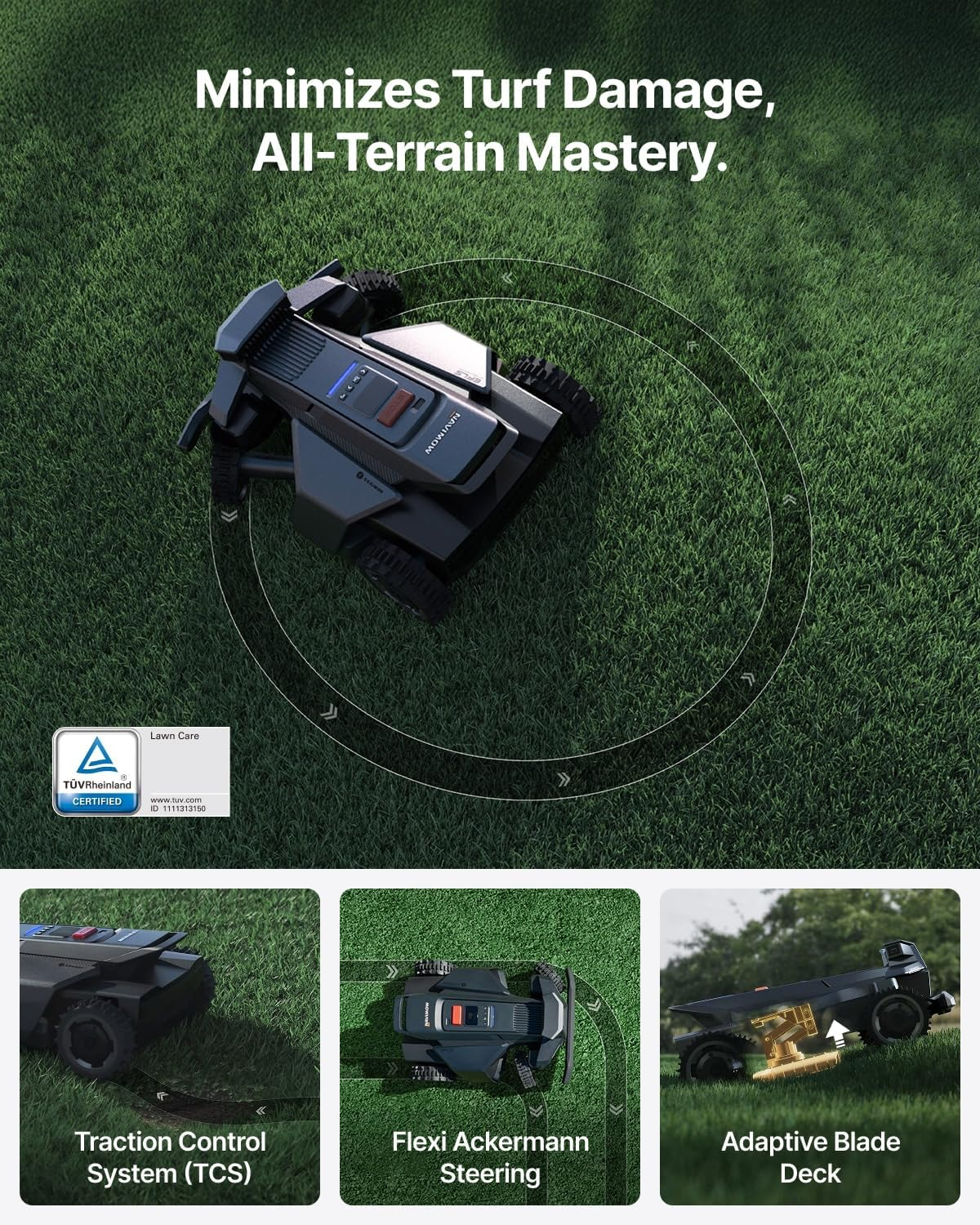 Robotic mower on grass. Features Traction Control, Flexi Ackermann Steering, and Adaptive Blade Deck.