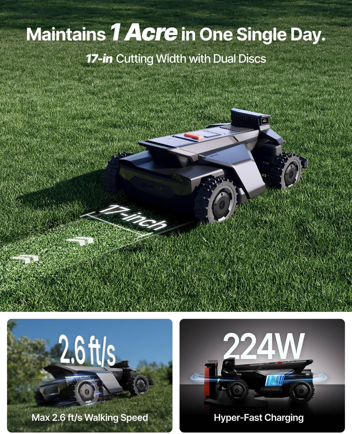 Robotic mower on grass, 17-inch cut. Features max 2.6 ft/s speed & 224W charging.