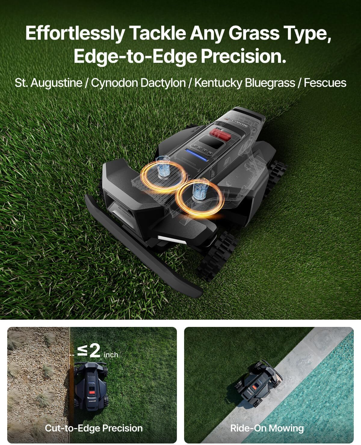 A black robotic mower on lush green grass, with close-ups of precision.