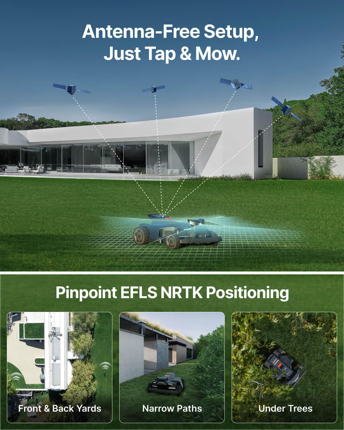 A robotic mower operates on a lawn in front of a modern house, with satellites depicted.