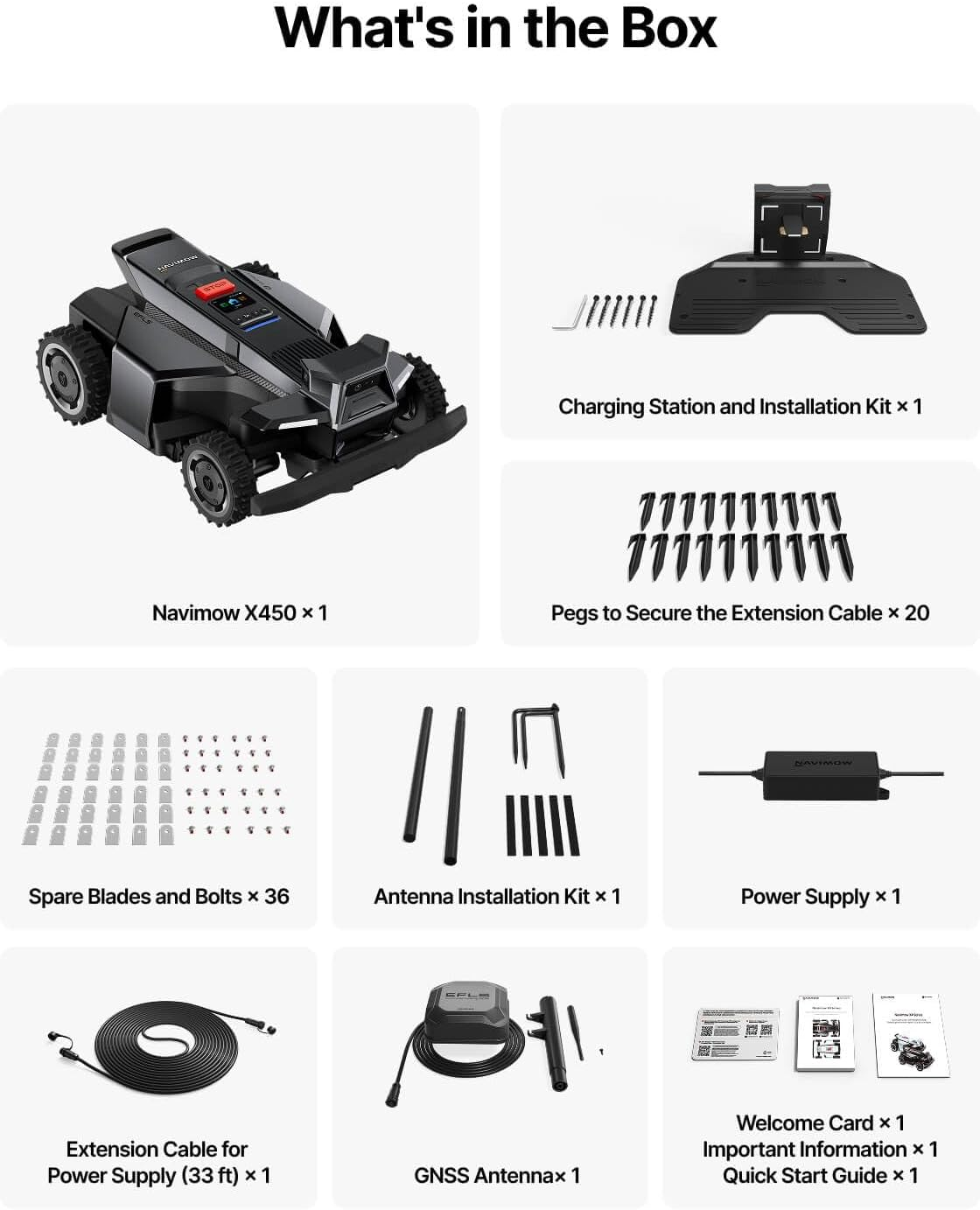 Box contents: Robotic mower, charging station, pegs, blades, antenna kit, power supply, extension cable, GNSS antenna, and guides.