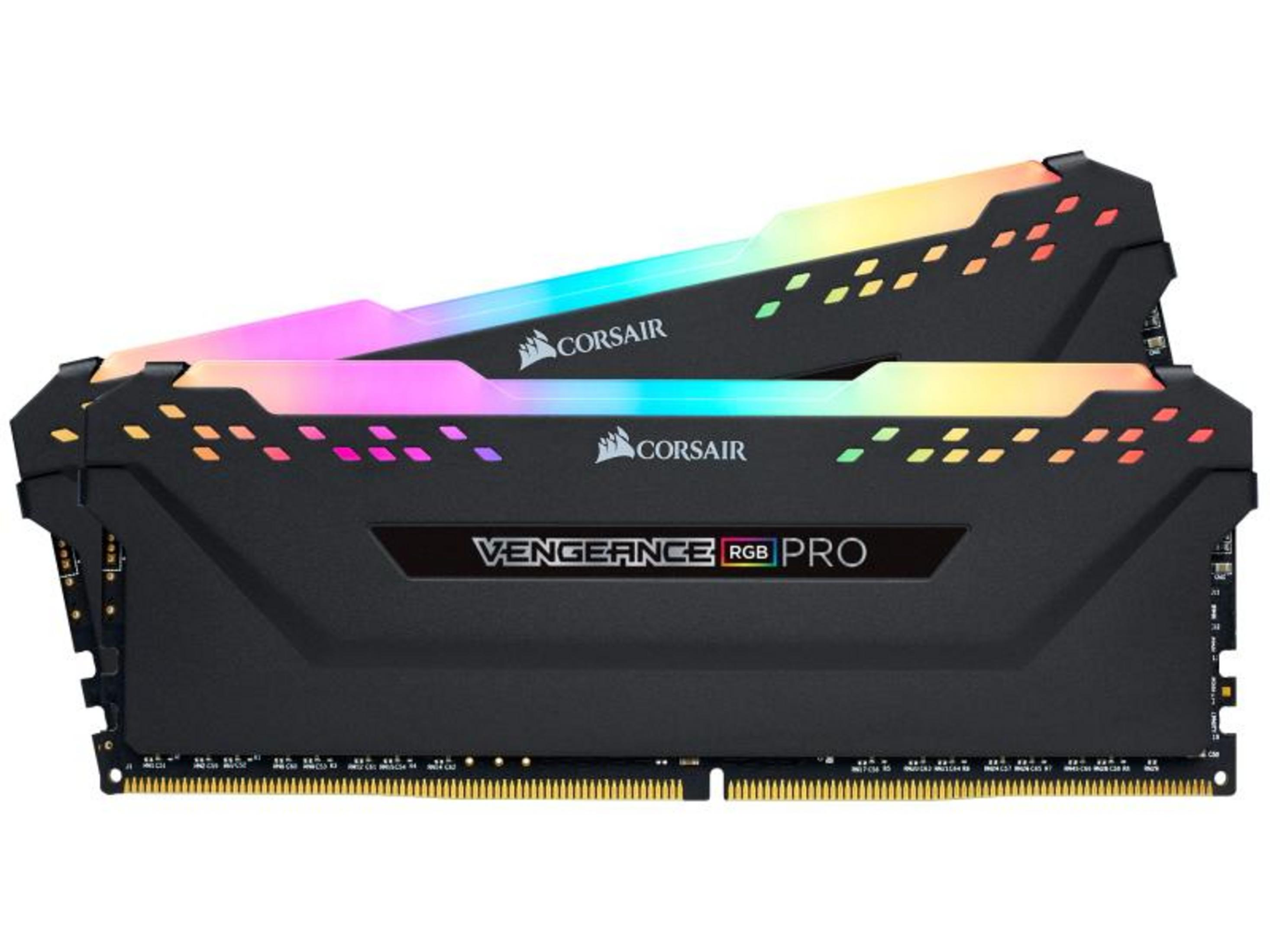 Deux modules RAM Corsair Vengeance RGB Pro noirs avec des lumières colorées.