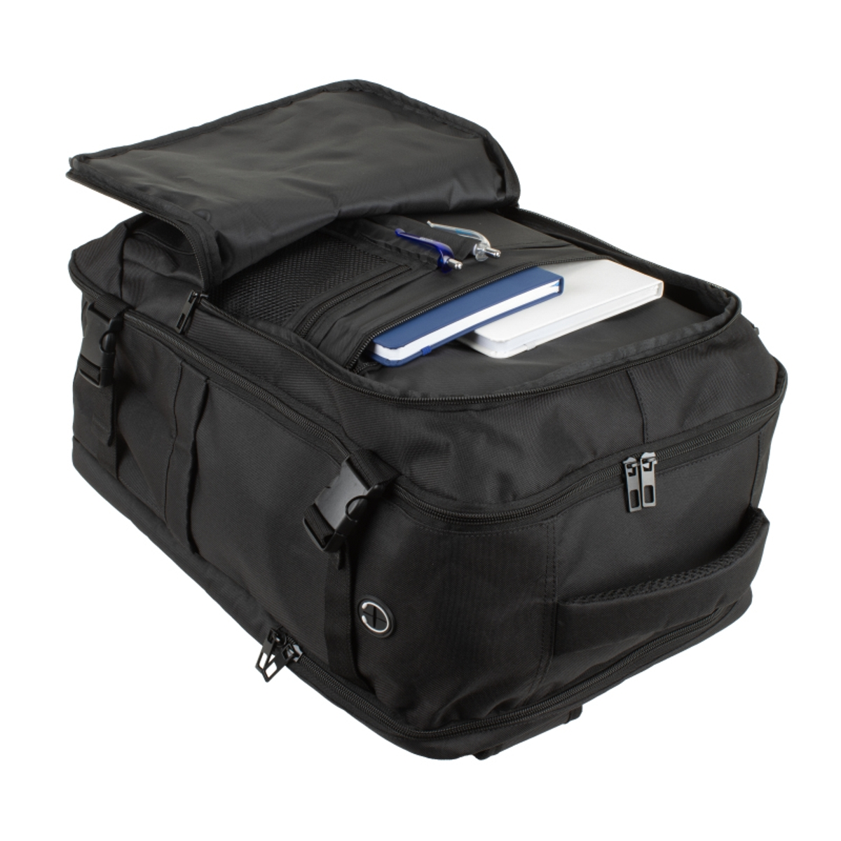 Mochila negra con compartimento superior abierto, mostrando cuadernos y bolígrafos.