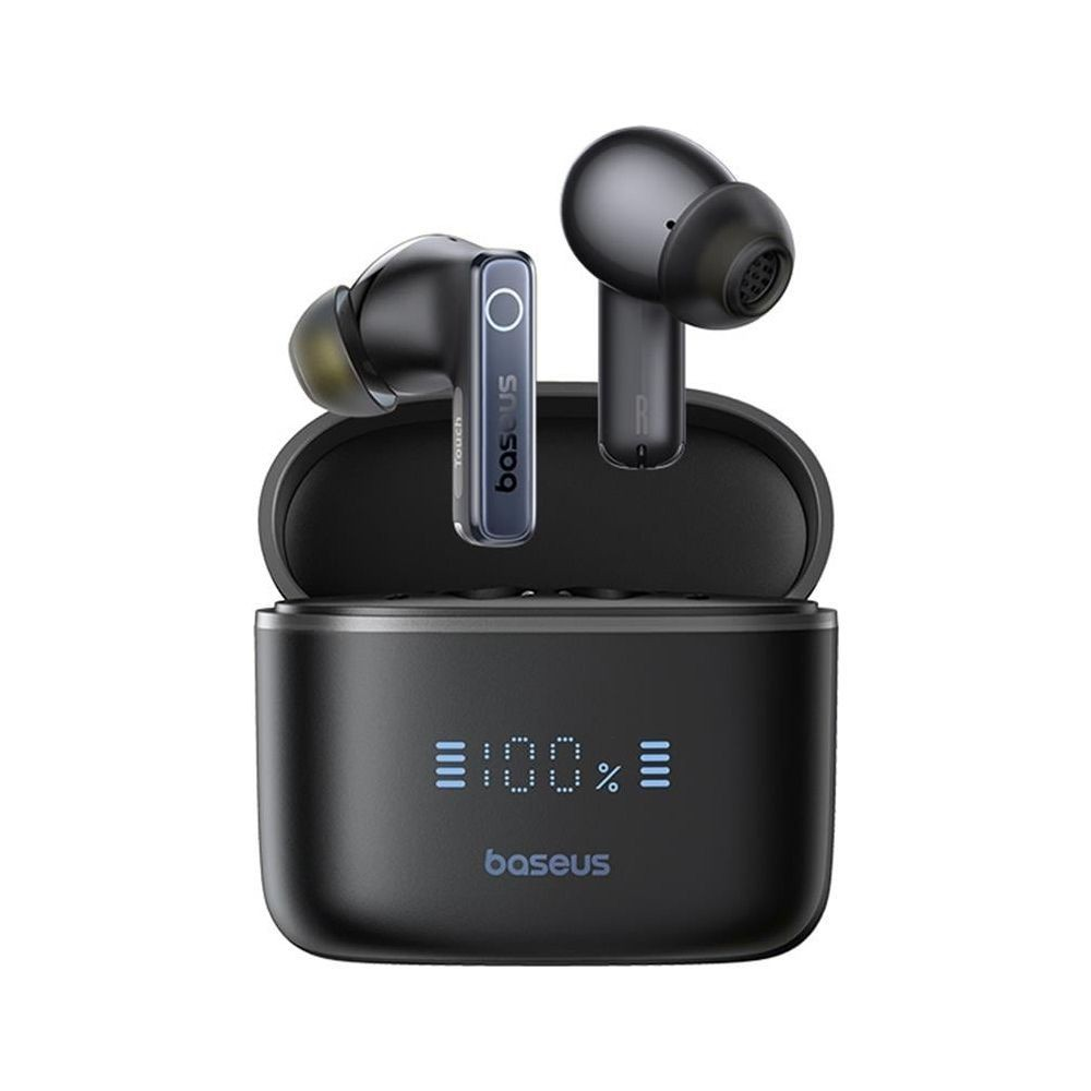 Auricolari wireless neri in custodia di ricarica con display 100%.