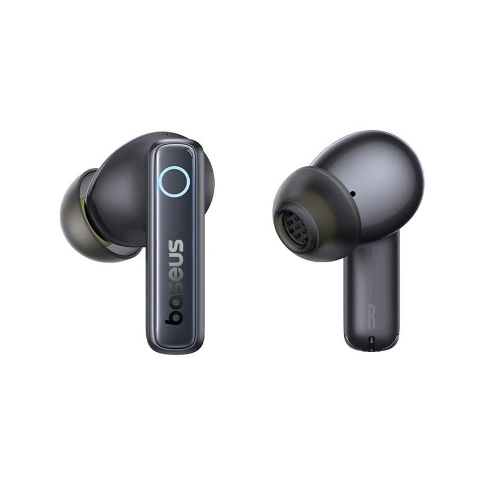 Due auricolari wireless neri con accento argentato e logo.