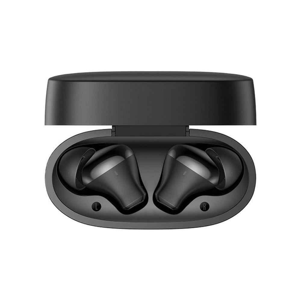 Auricolari wireless neri con custodia di ricarica aperta, che mostrano gli auricolari all'interno.