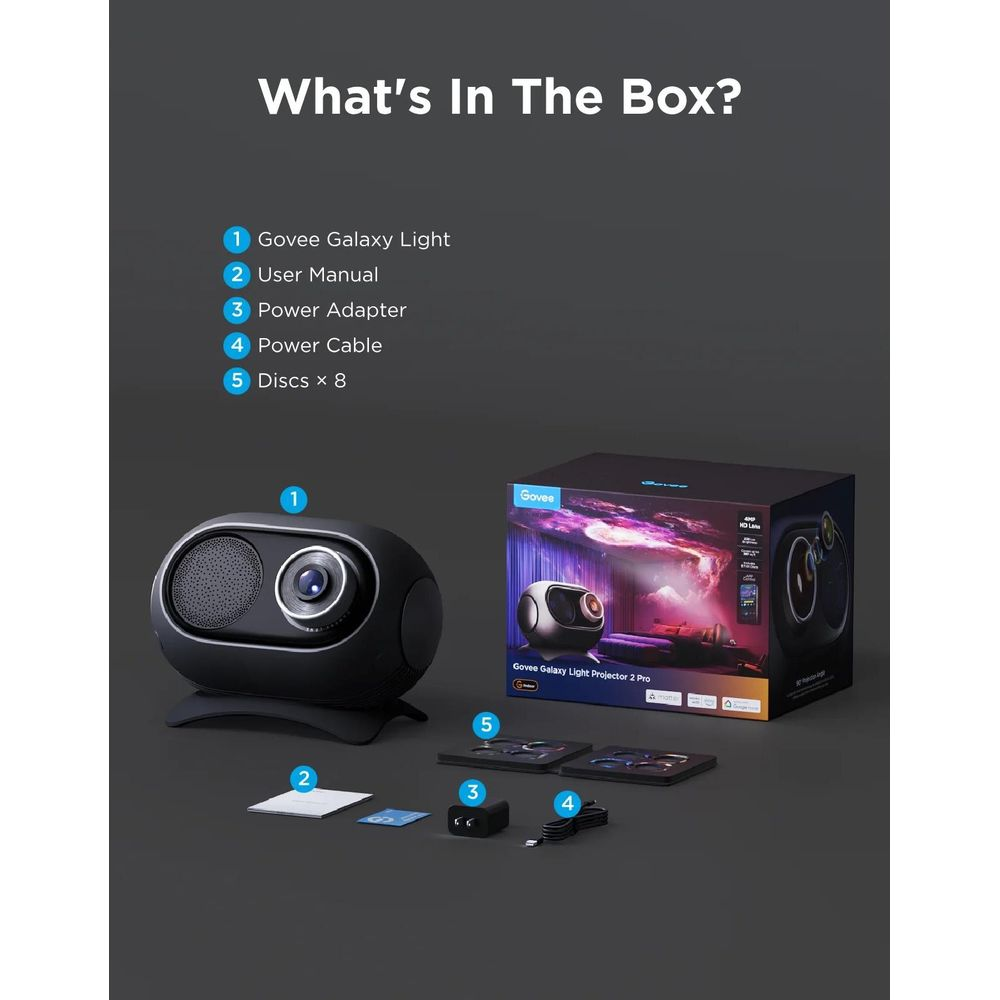 Kutudaki ürünler: Govee Galaxy Light, kılavuz, adaptör, kablo, 8 disk.