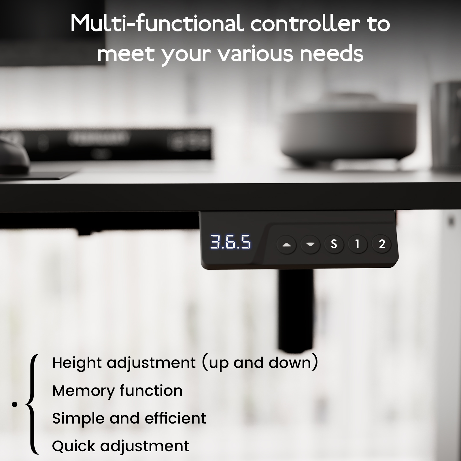 Een zwart bureau met een digitale controller voor hoogteverstelling en geheugenfuncties.