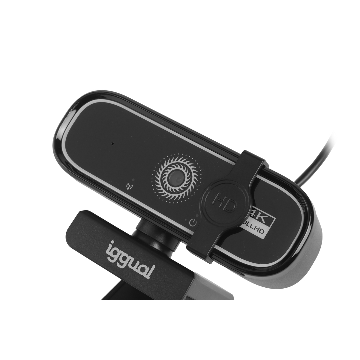 Webcam Iggual nera con etichetta 4K UHD, fissata a una clip.