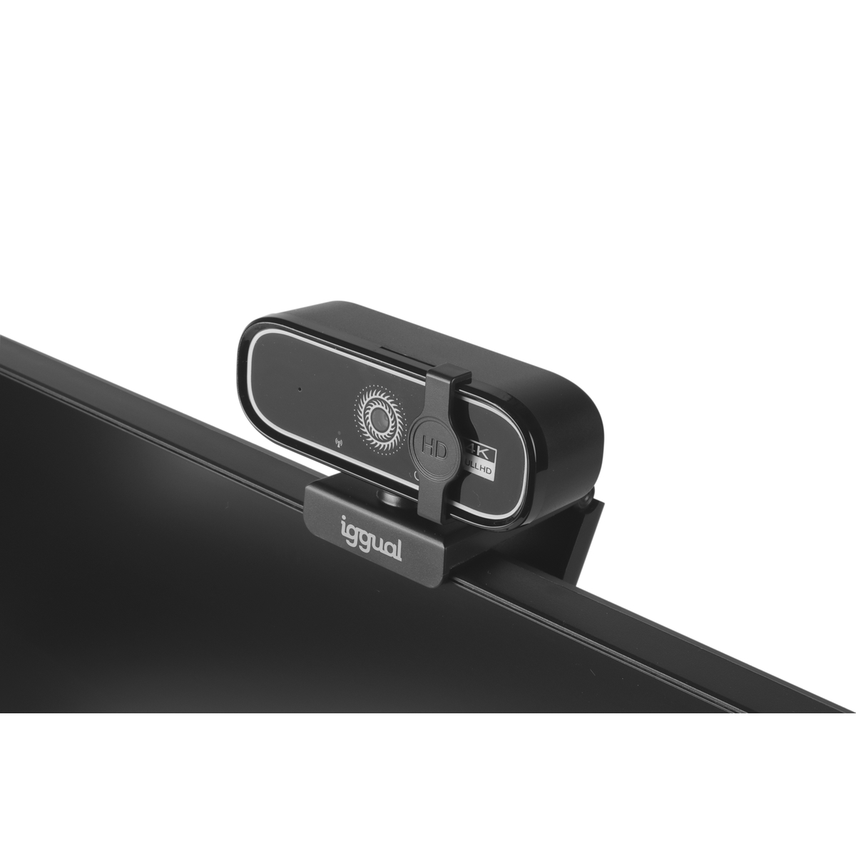 Una webcam nera con etichette 'HD' e '4K FULL HD' è montata su un monitor nero.