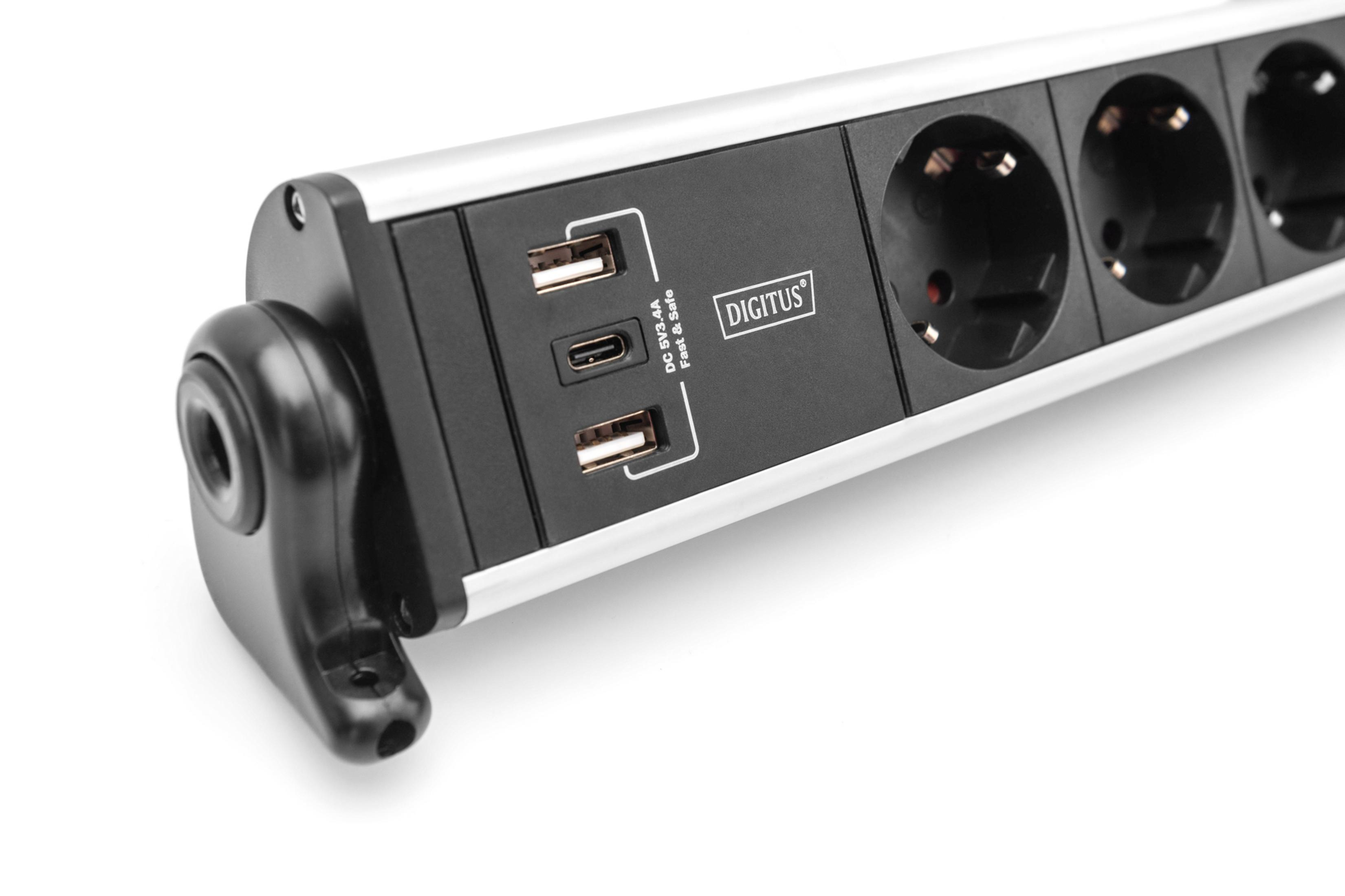 Srebrna listwa zasilająca z portami USB i Type-C, białe tło.