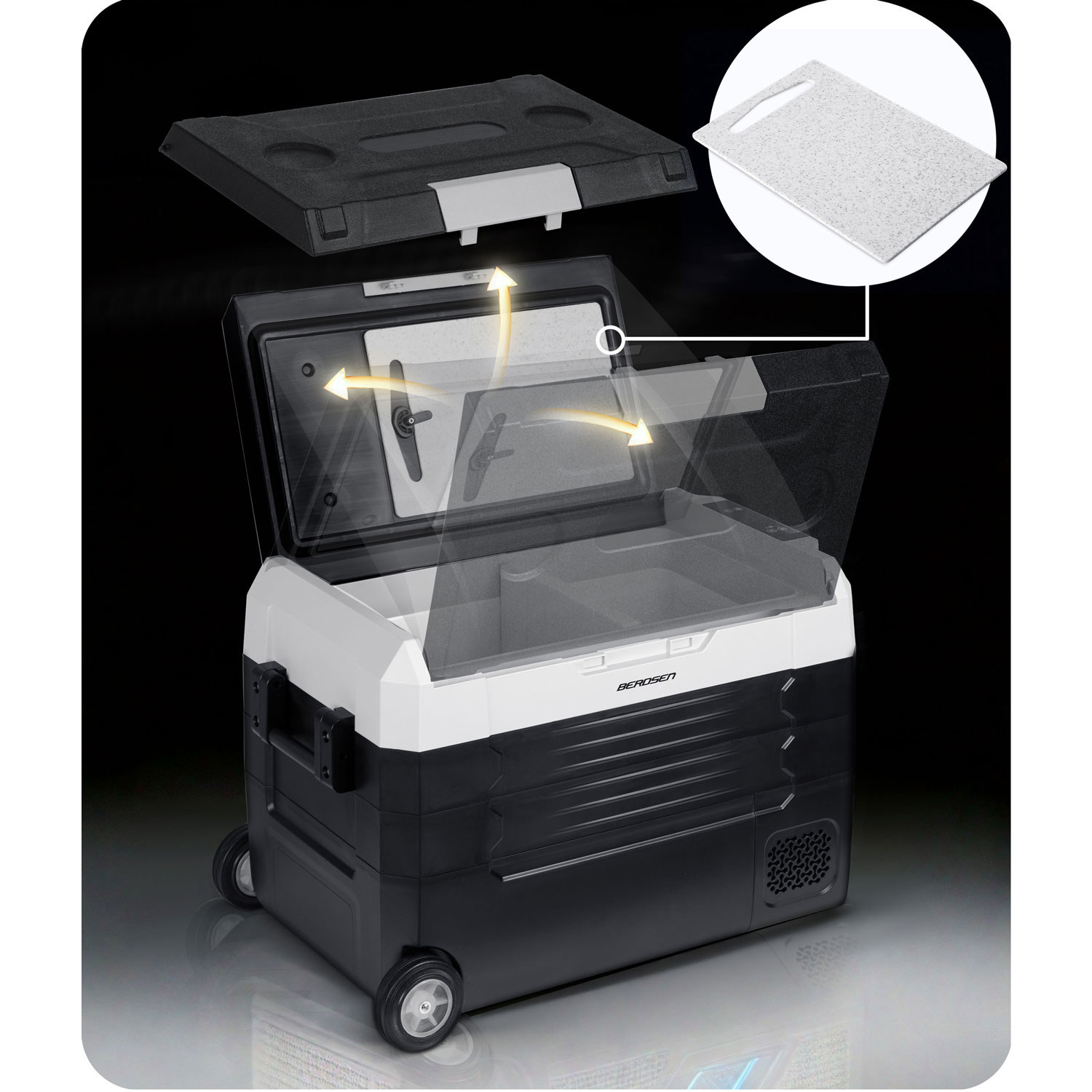 Czarno-biała lodówka turystyczna z otwartą pokrywą. Pokazano deskę do krojenia.