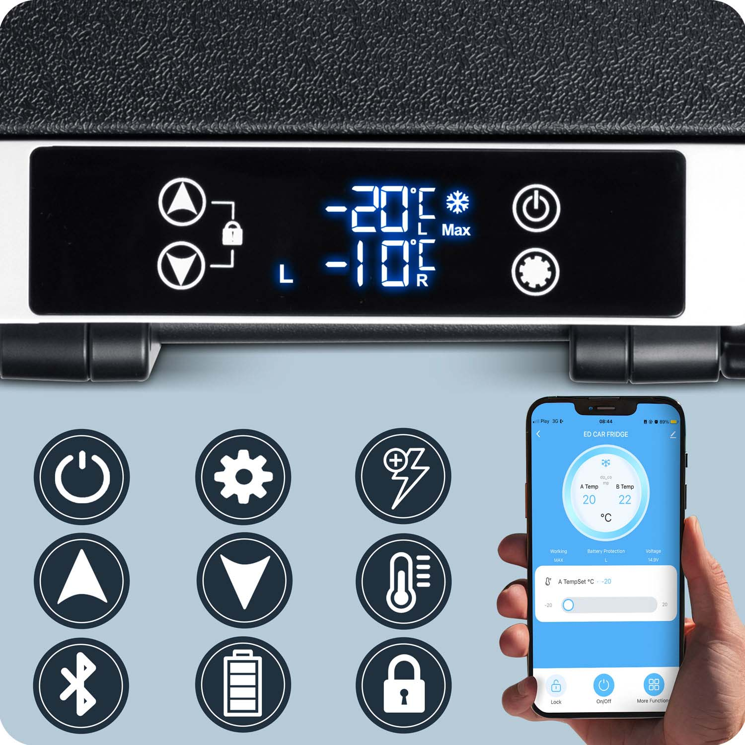 Wyświetlacz lodówki pokazuje -20C i -10C, z ikonami i smartfonem w pobliżu.