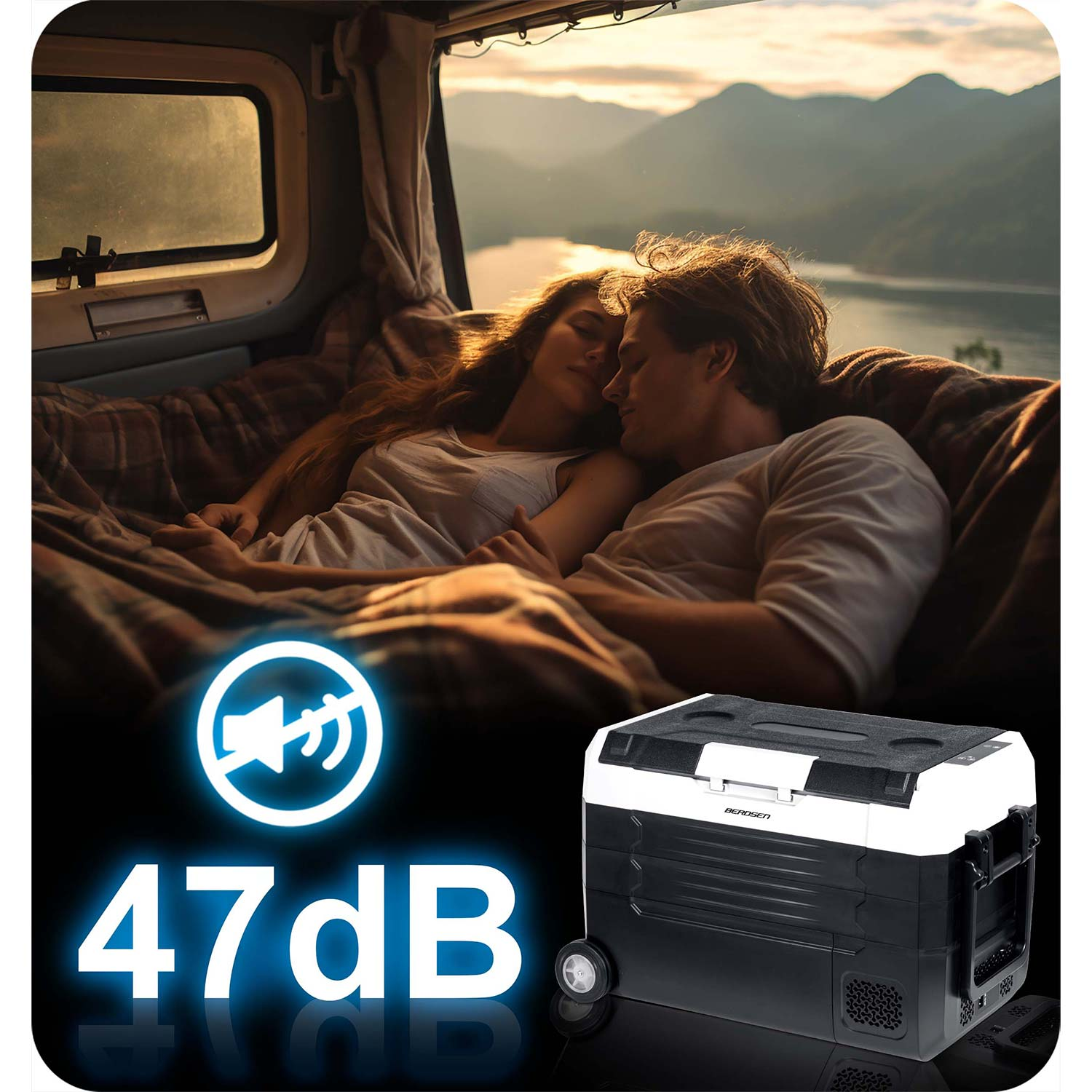 Para tuli się w kamperze z widokiem na góry i jezioro. Lodówka na pierwszym planie.