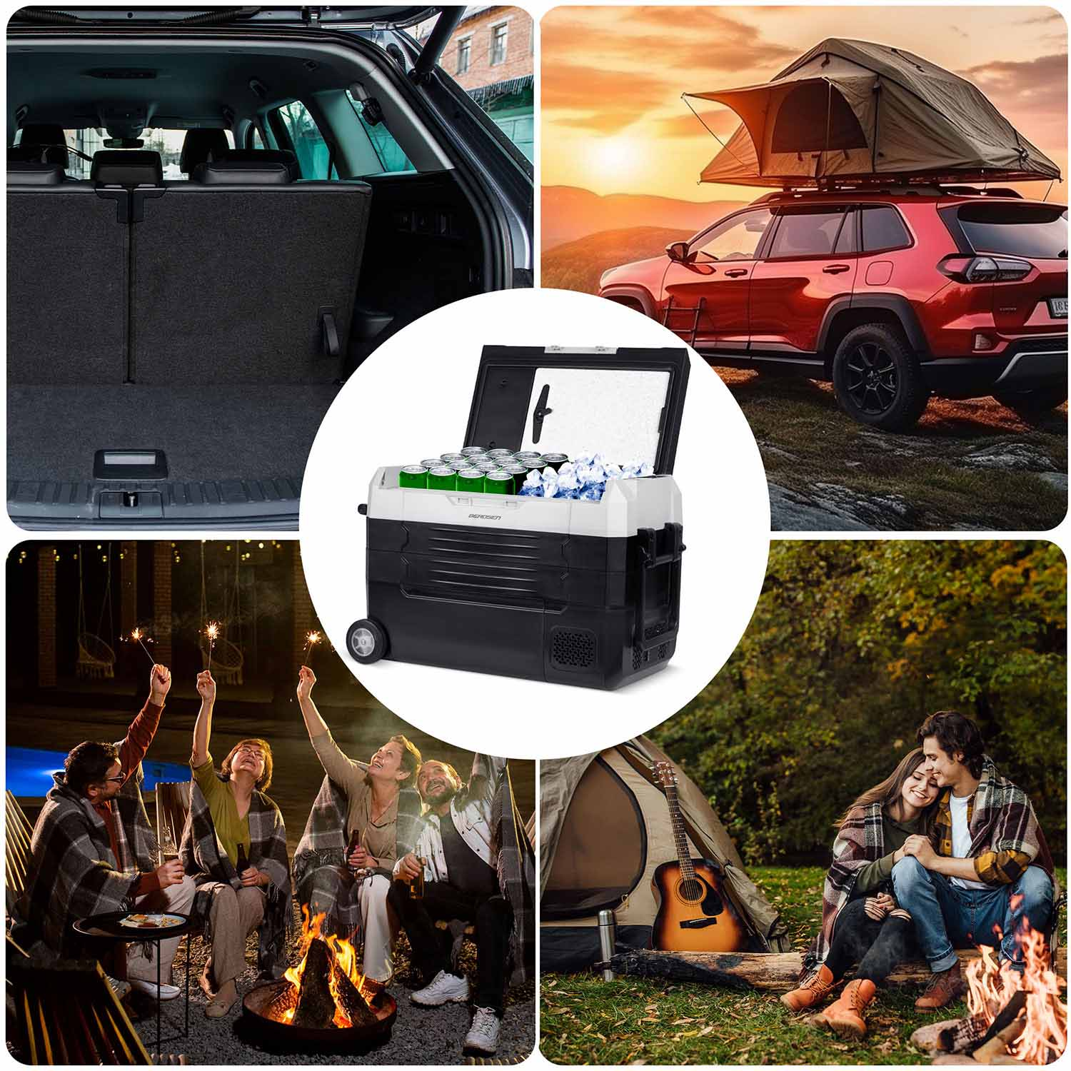 Cztery sceny: Bagażnik samochodu, namiot dachowy, lodówka, goście przy ognisku, para na kempingu.