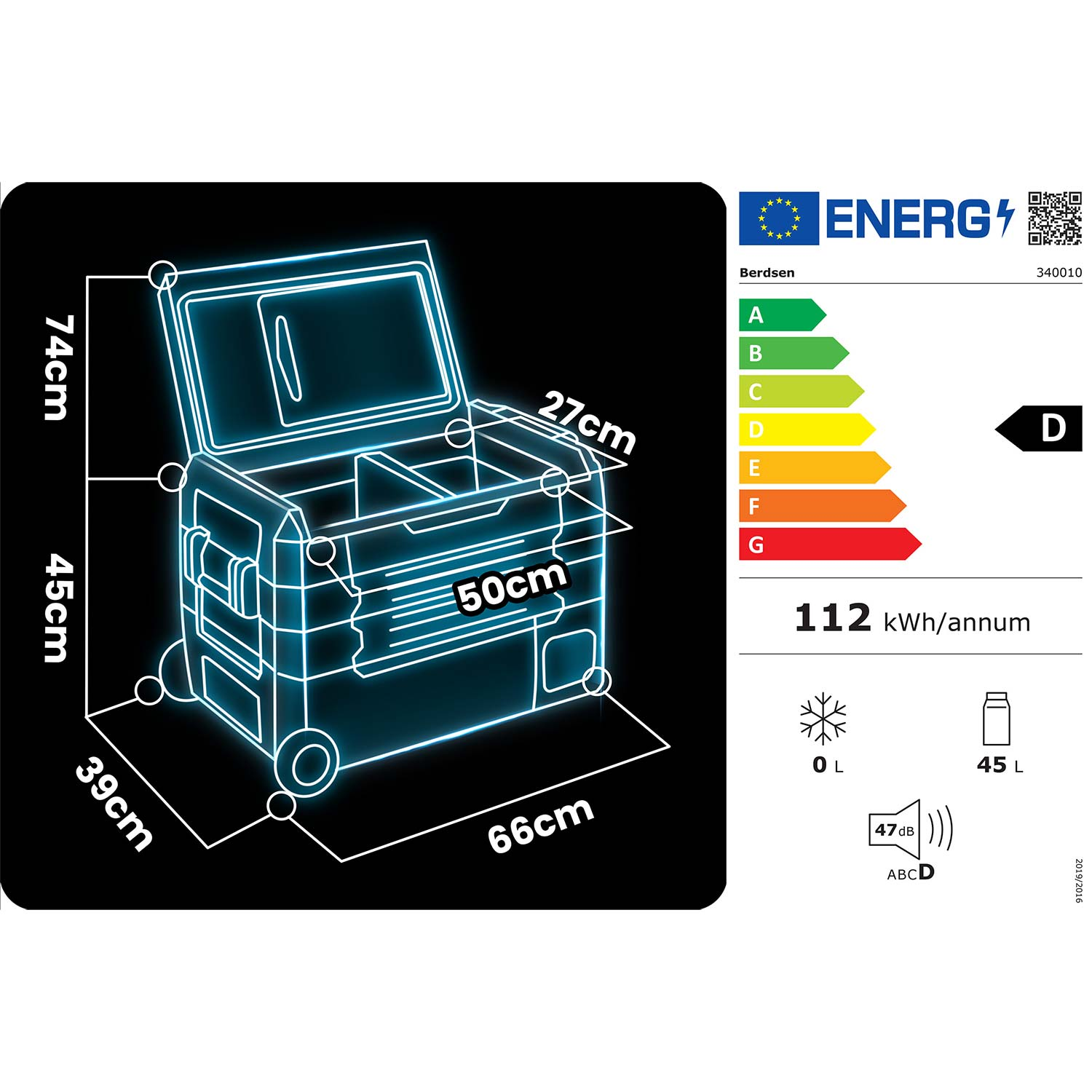Schemat przenośnej lodówki turystycznej z wymiarami i etykietą energetyczną.
