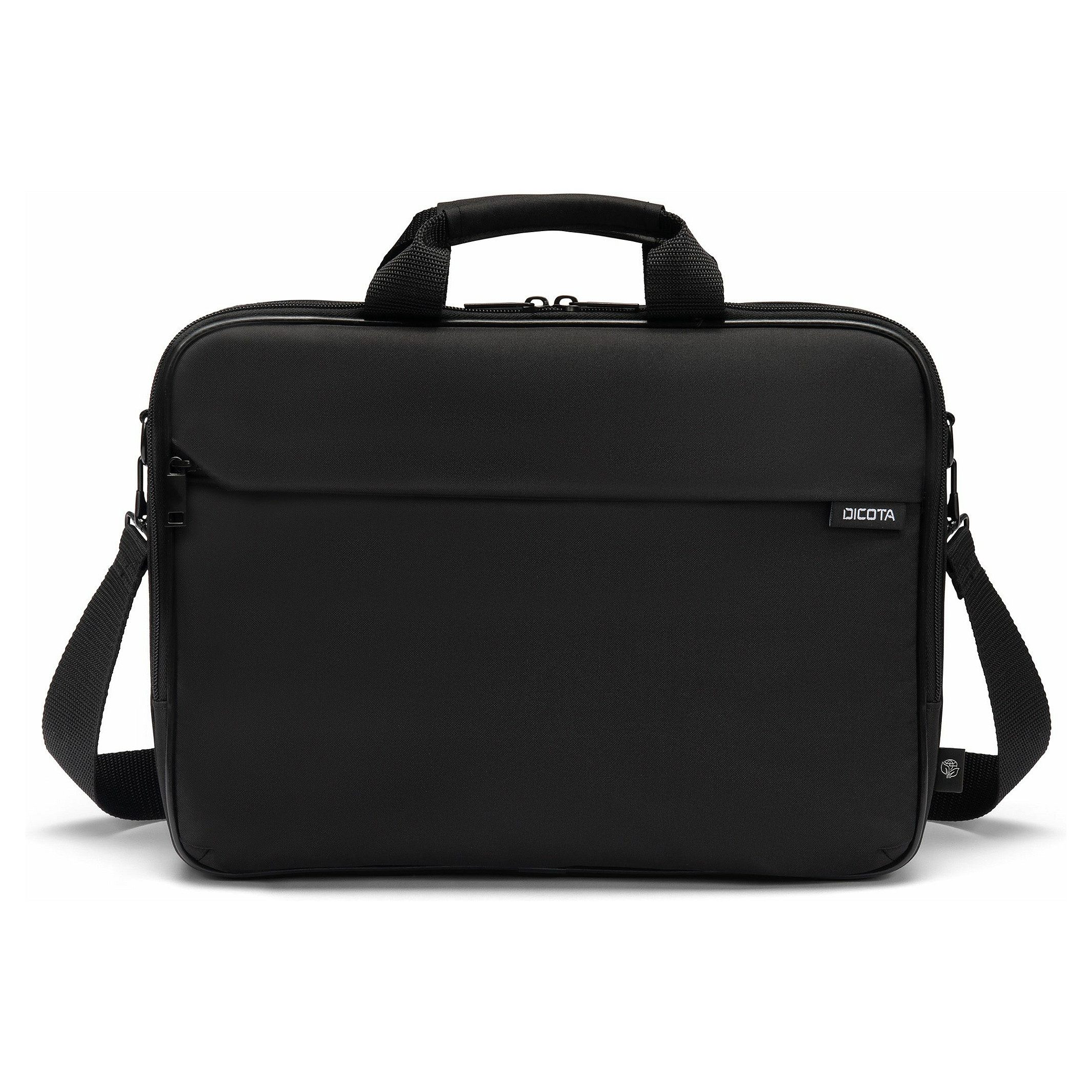 Una borsa nera per laptop con manico e tracolla.