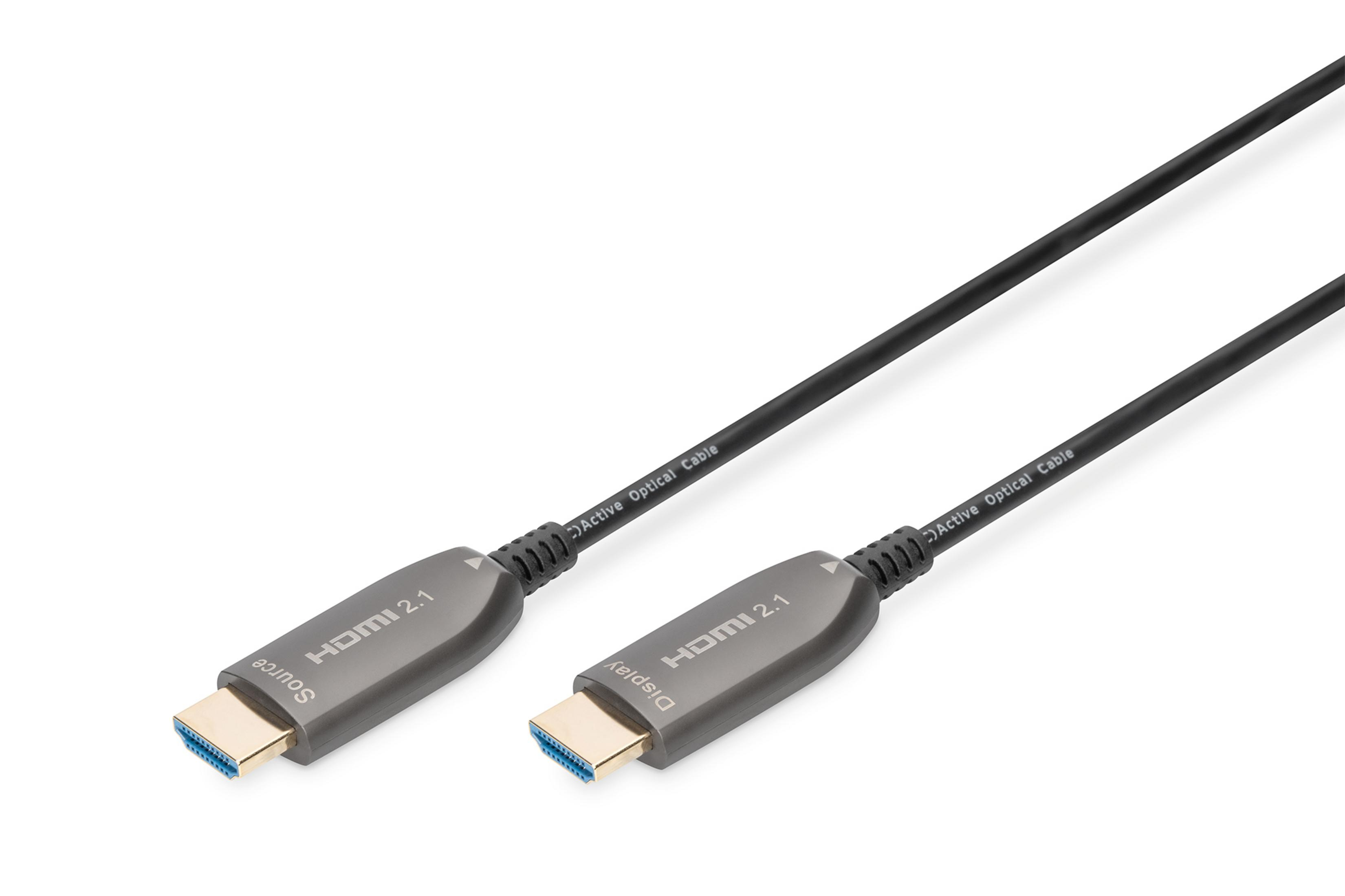 Due cavi ottici attivi HDMI 2.1, uno marcato Sorgente, uno marcato Display.