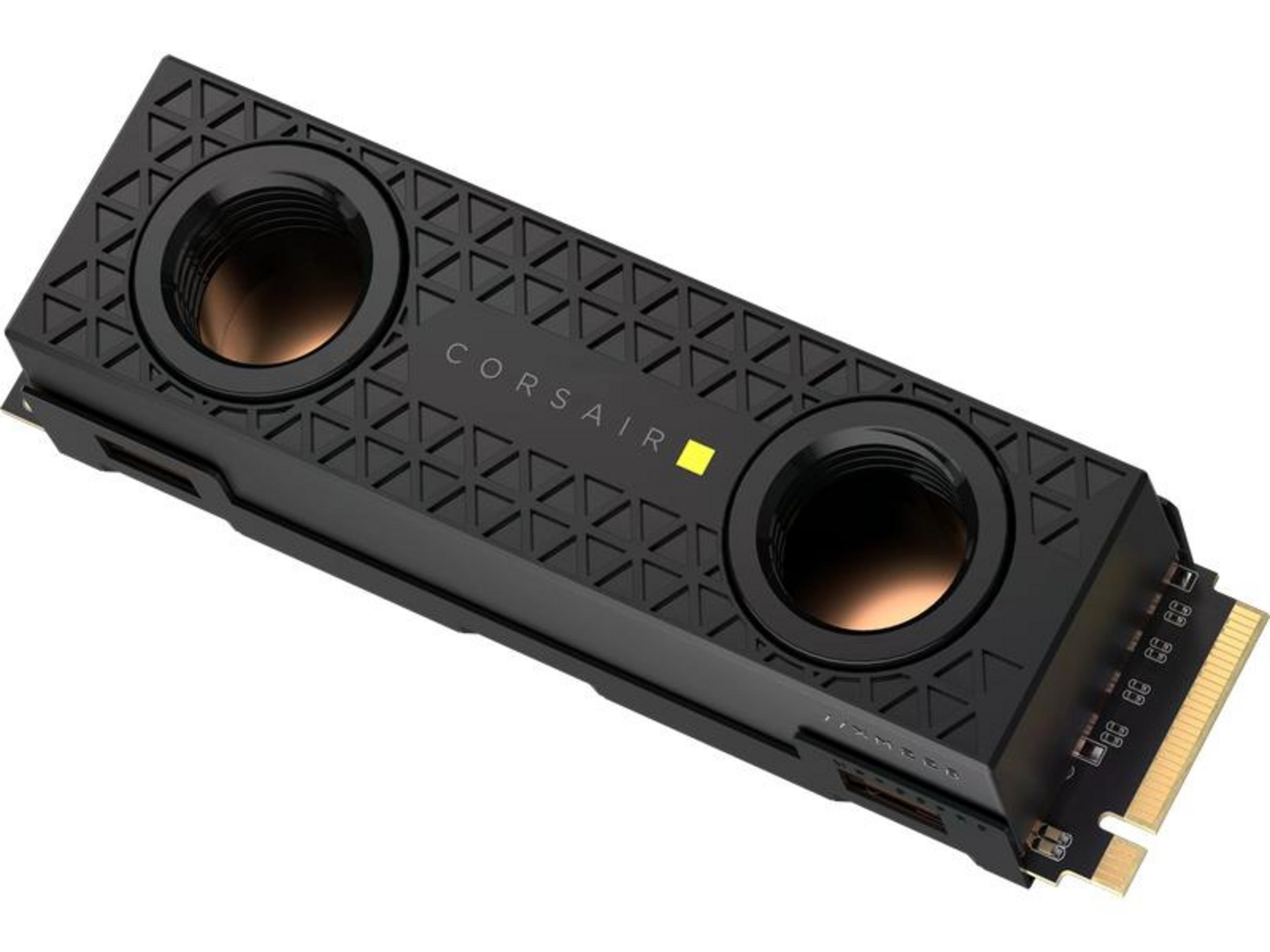 Black Corsair storage module with two round vents and a gold connector.