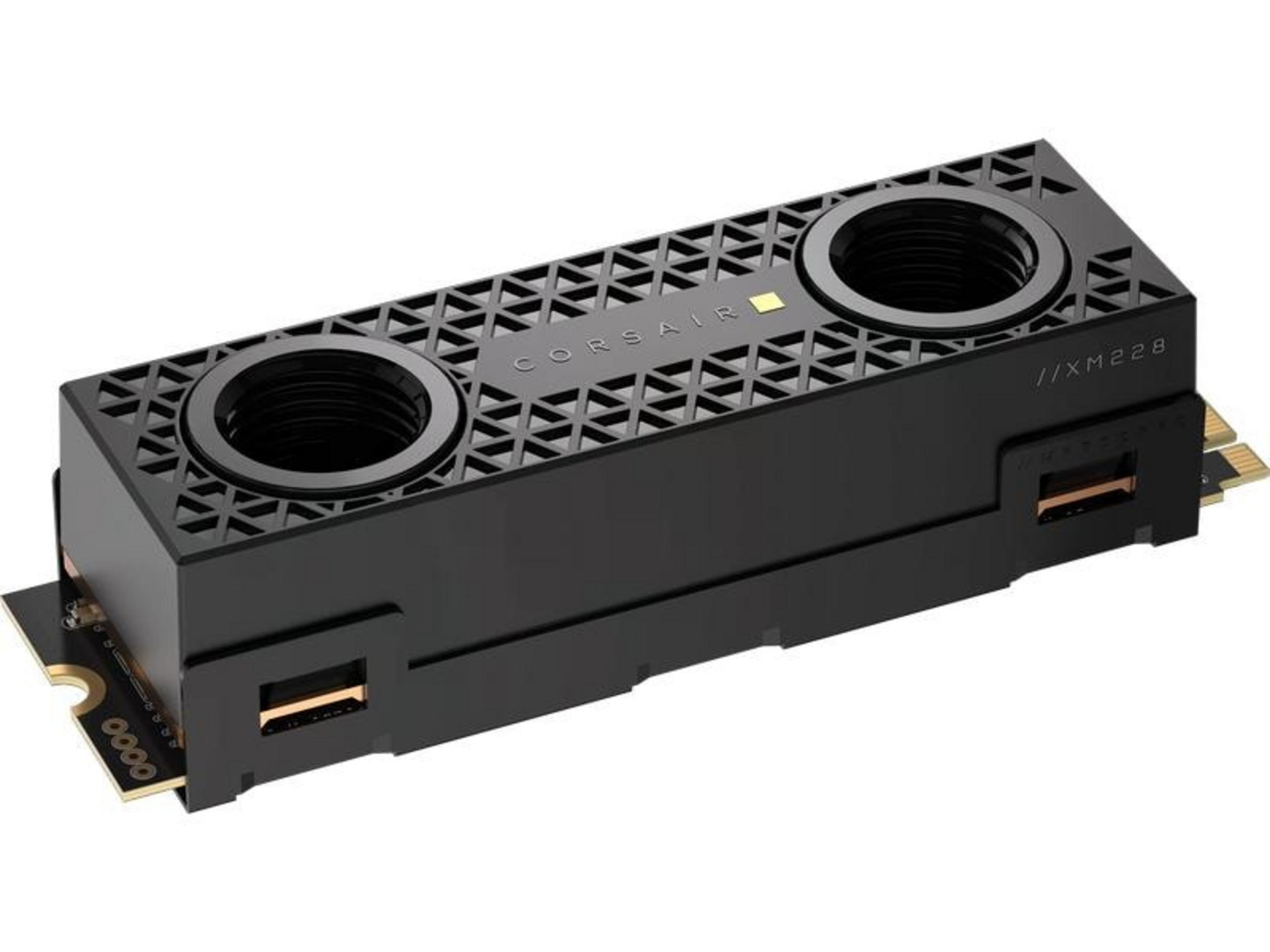Black Corsair heatsink with two fan openings and USB ports.