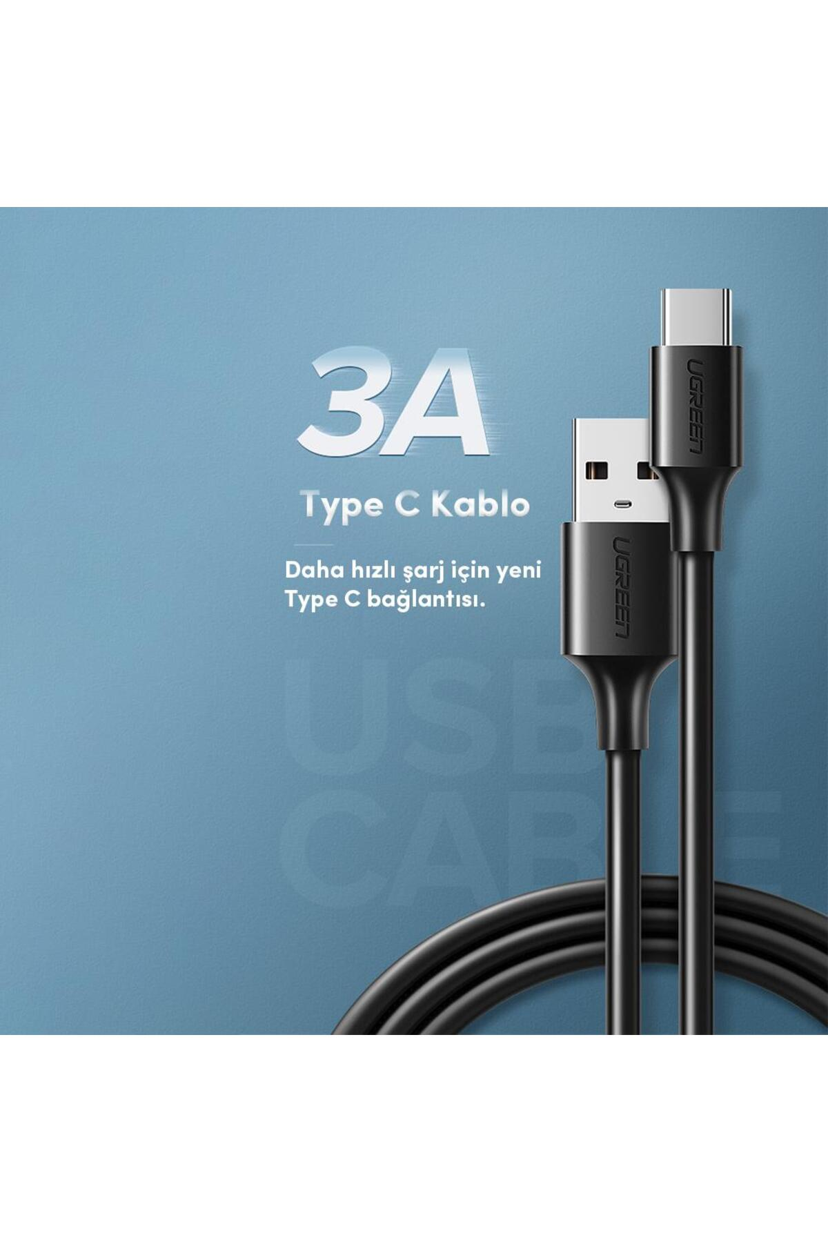3A USB-C kablo USB-A konektörlü, siyah, UGREEN logolu.