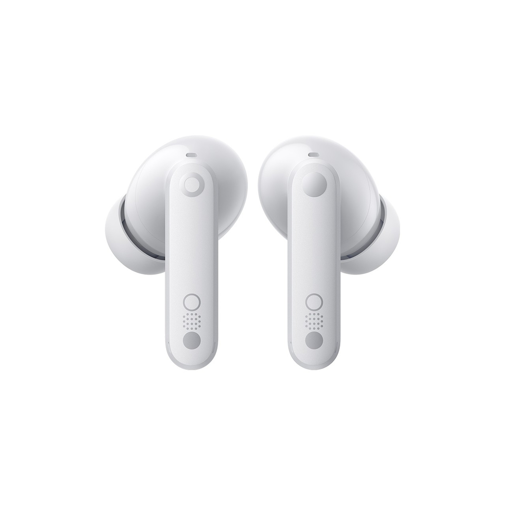 Due auricolari wireless bianchi con stelo su sfondo bianco.