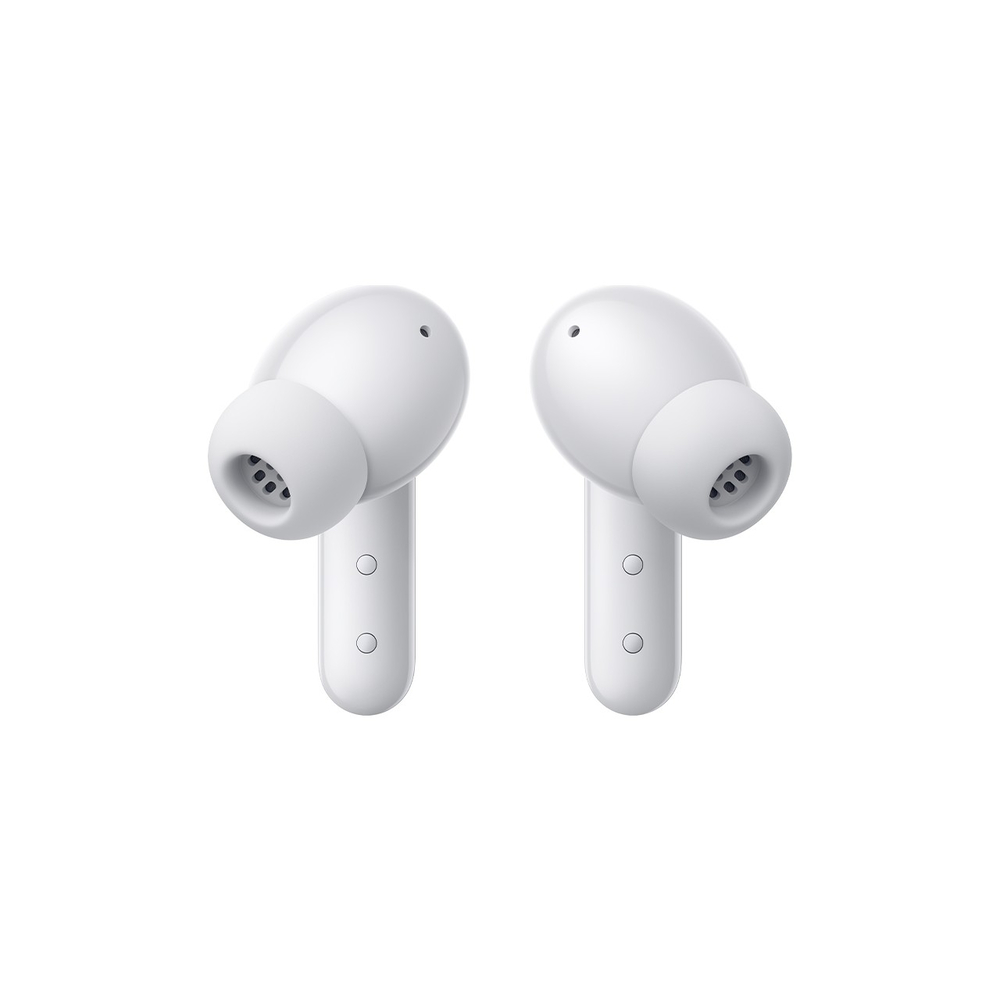 Due auricolari wireless bianchi su sfondo bianco.