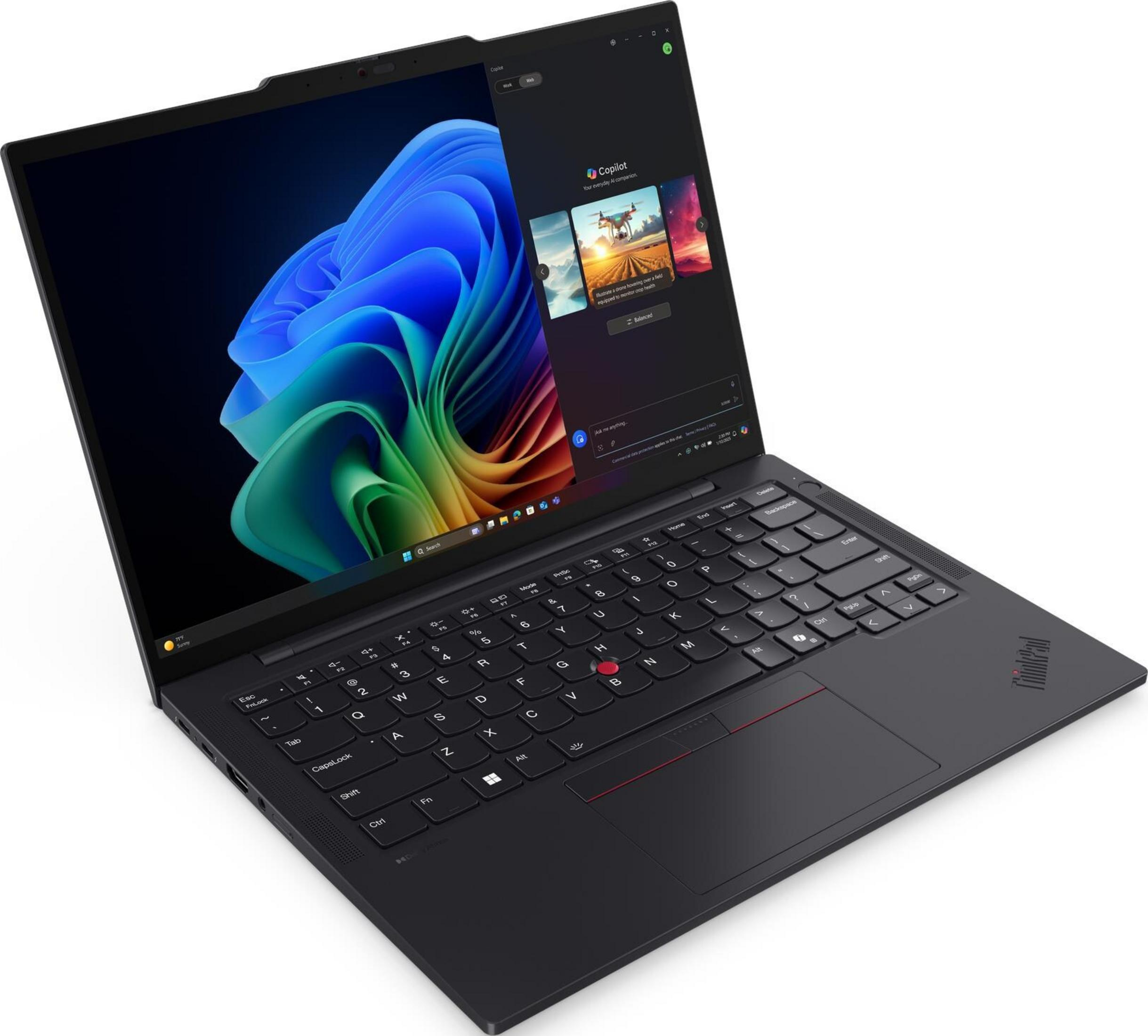 Schwarzer Laptop mit buntem Hintergrundbild und offenem Bildschirm, der Copilot zeigt.