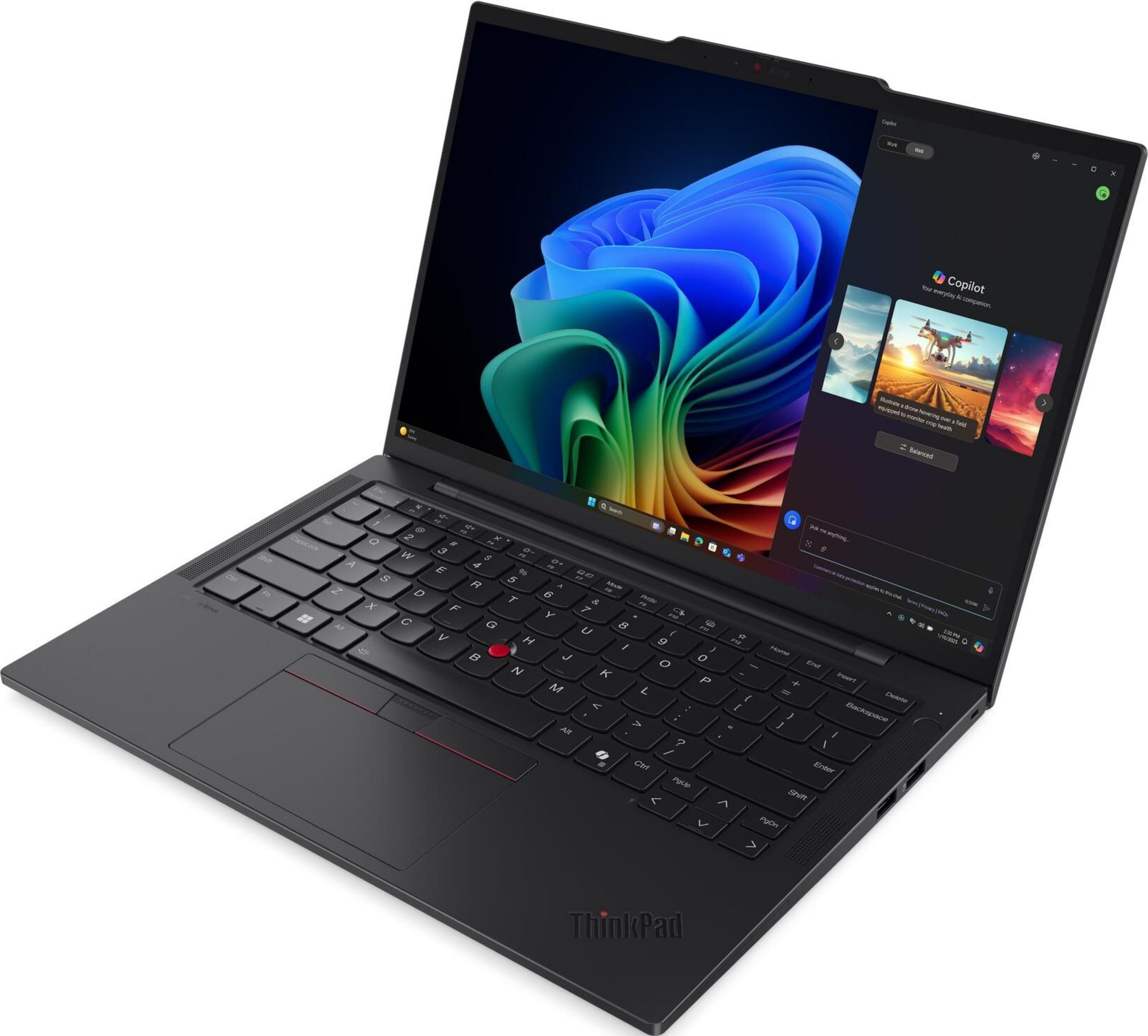 Ein schwarzer Laptop mit Copilot-Interface auf dem Bildschirm.