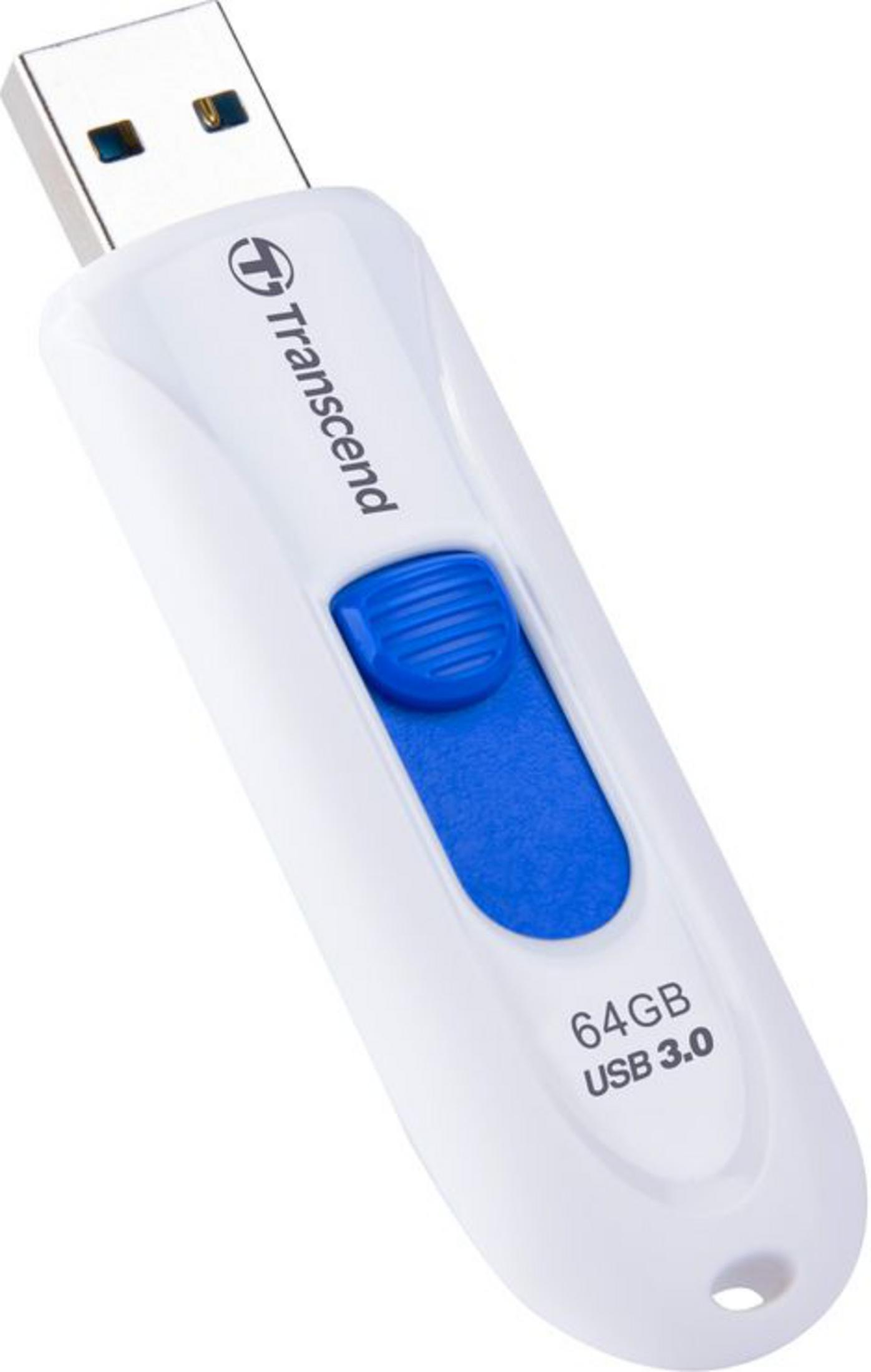 Biały pendrive Transcend USB 3.0 z niebieskim przyciskiem, 64GB.