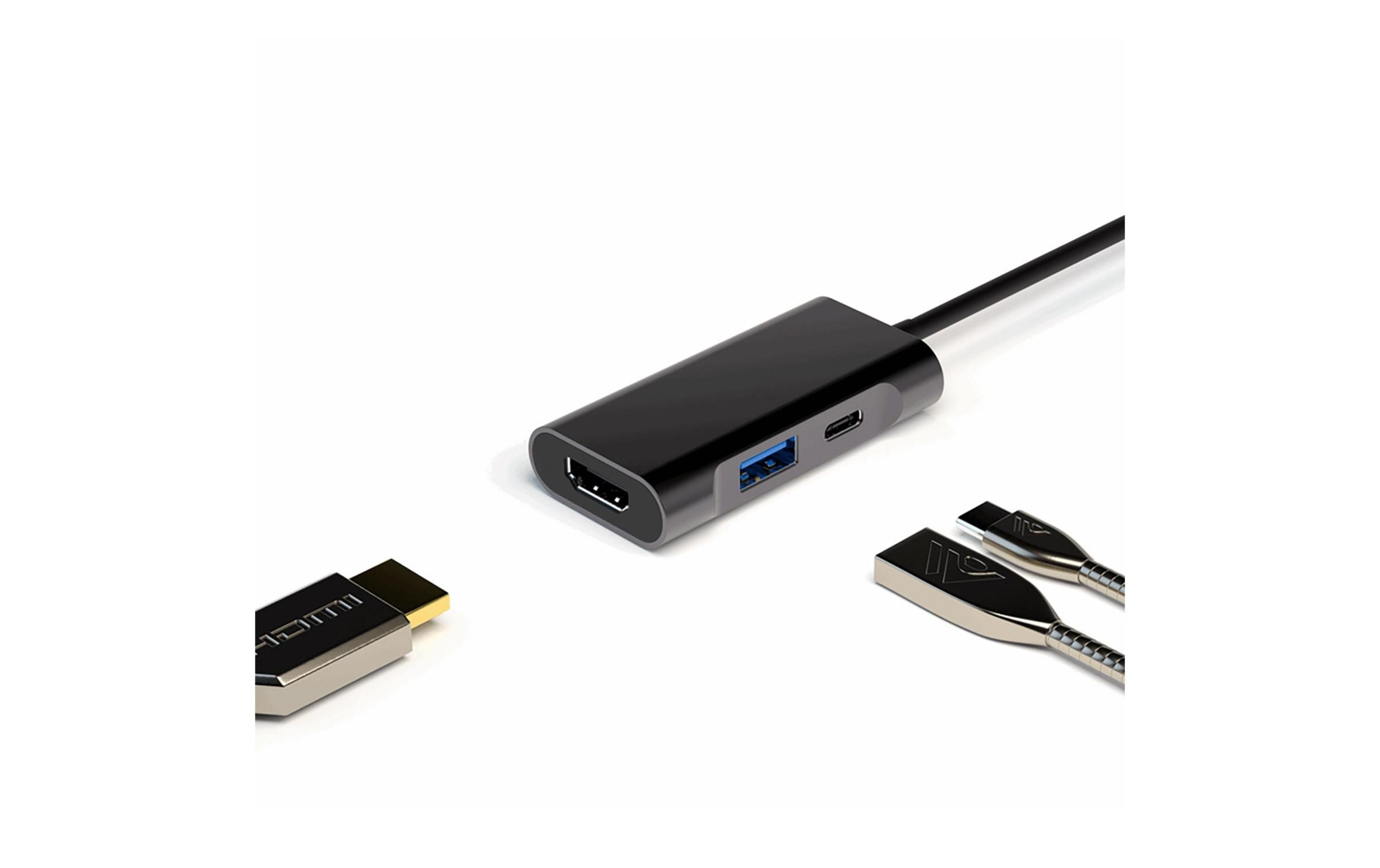Ein schwarzer Adapter mit HDMI-, USB-C- und USB-A-Anschlüssen und zwei silbernen Kabeln.