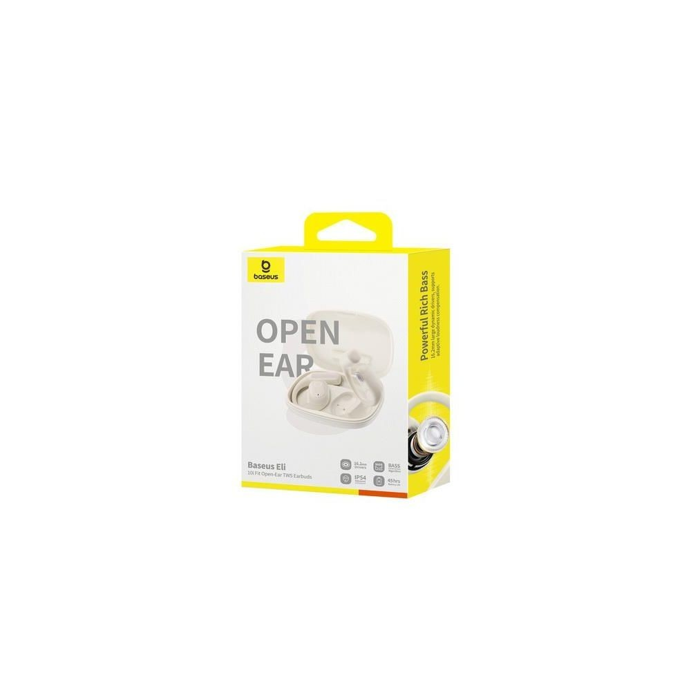 Bej Baseus Eli 101 Fit Open-Ear TWS kulaklık kutusu.