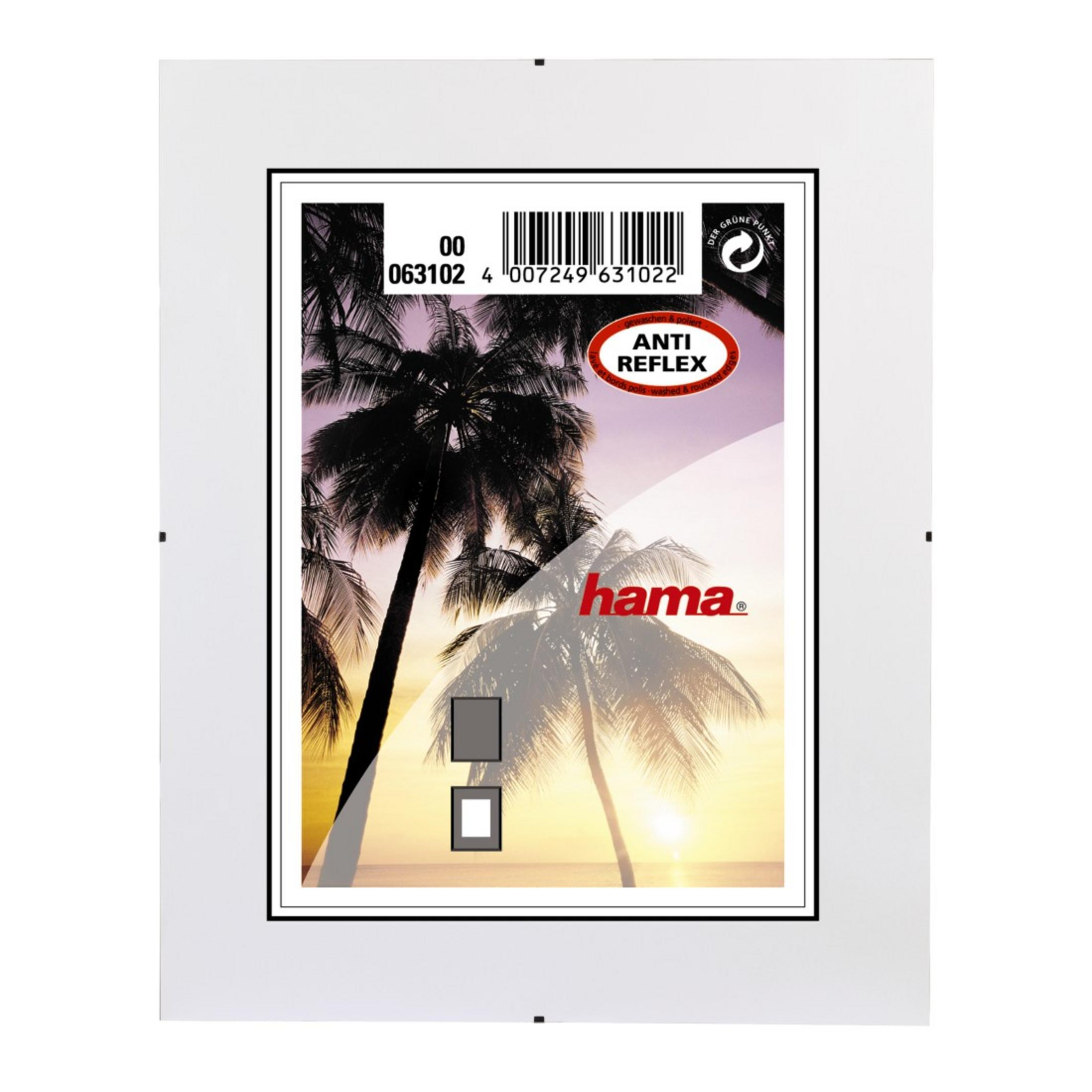 Fotorahmen mit Palmenmotiv bei Sonnenuntergang und Aufdruck 'Hama Anti Reflex'.