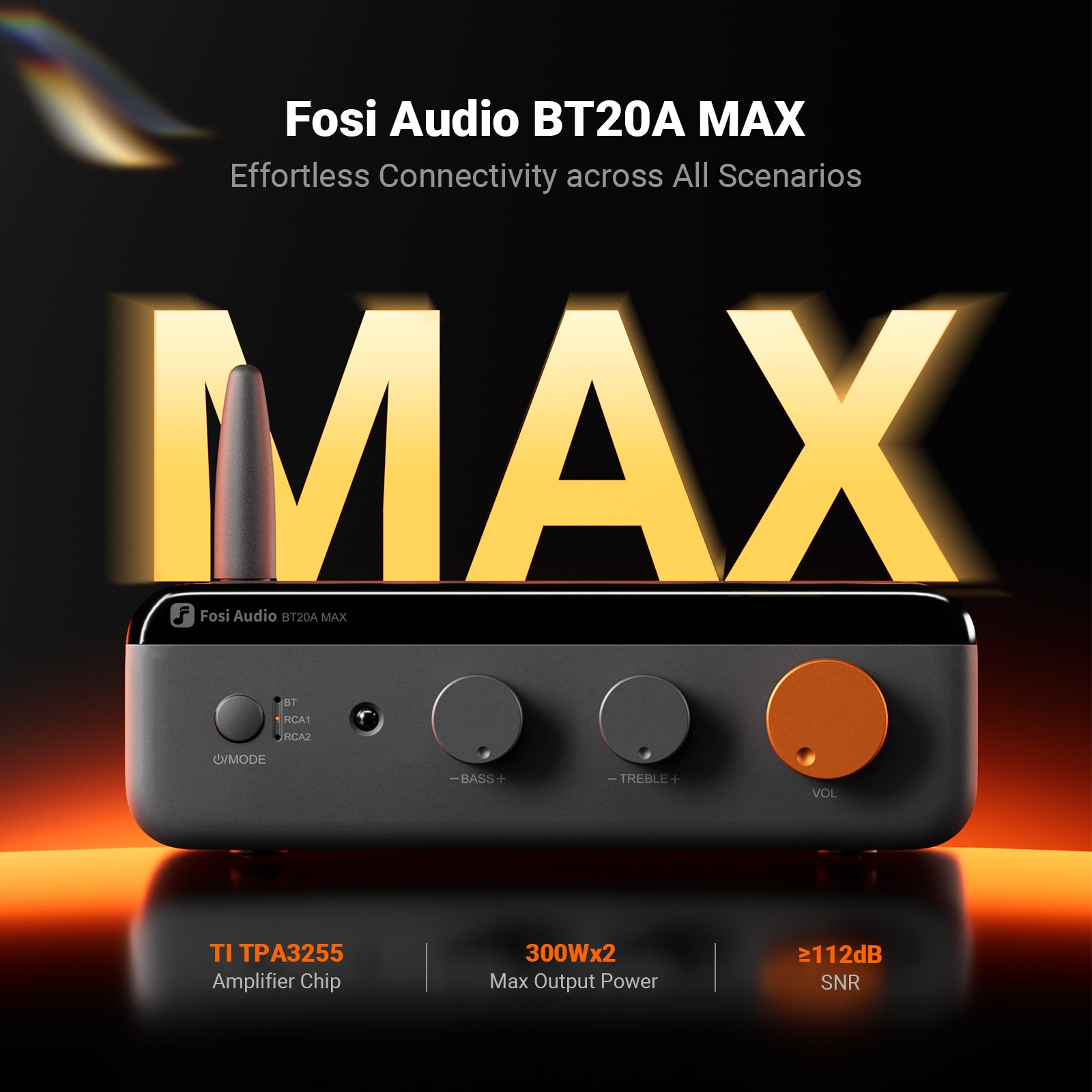 Amplificateur Fosi Audio BT20A MAX avec grand texte doré MAX. Commandes pour basses, aigus, volume.