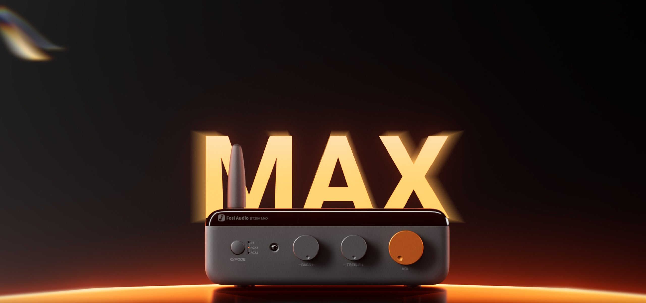 Un amplificateur Fosi Audio BT20A MAX avec des boutons et le mot MAX.