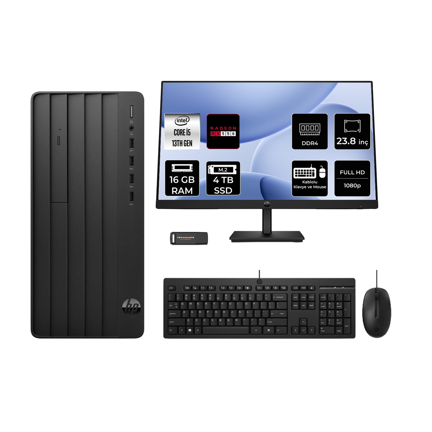 HP Pro Tower 290 G9 B70VKATPN592 RX550/4GB 23.8" PER4 Bellek Intel Core I5-13500 16 GB RAM 4 TB SSD FreeDOS Masaüstü Bilgisayar