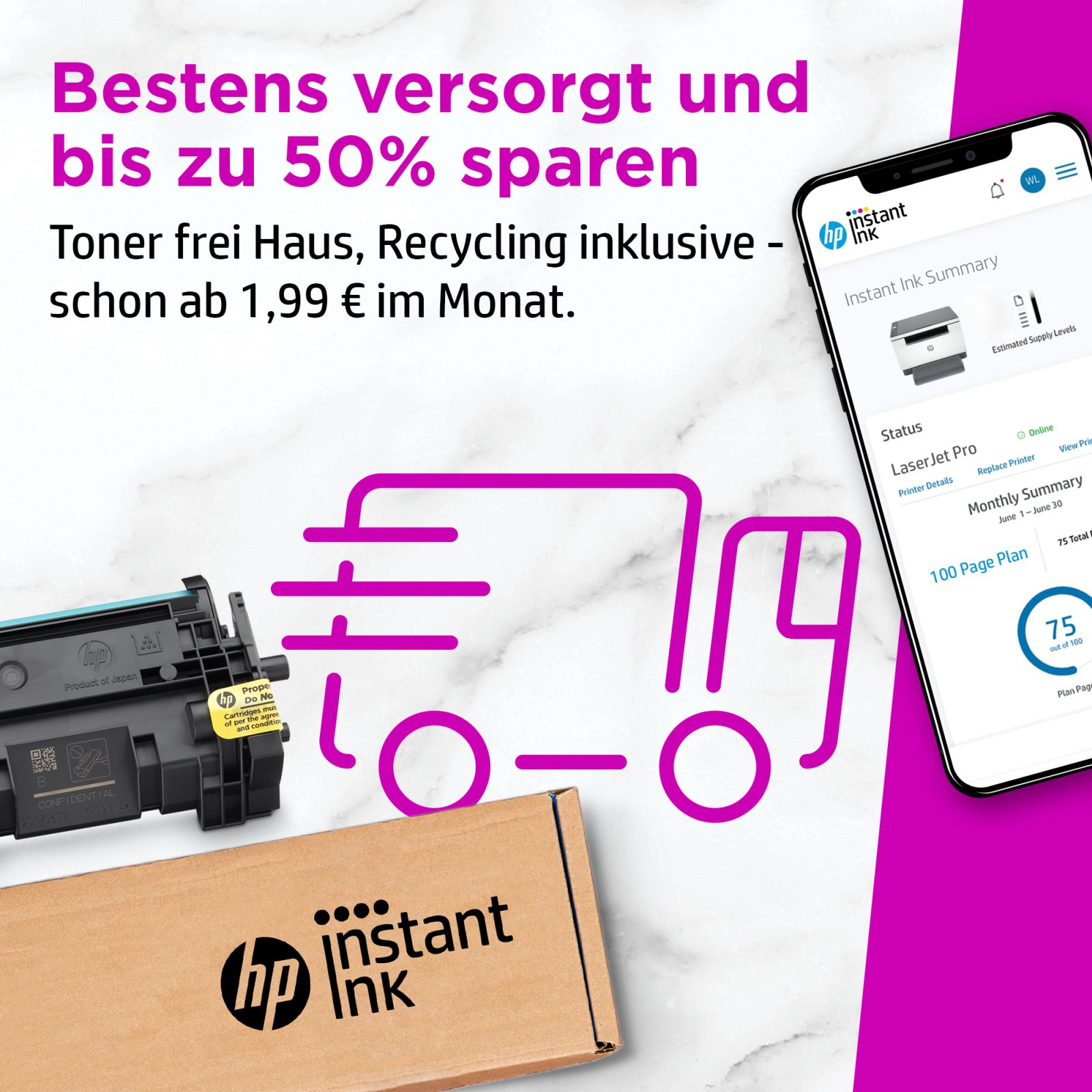 Oferta HP Instant Ink: Toner, dostawa i recykling od 1,99€/miesiąc.