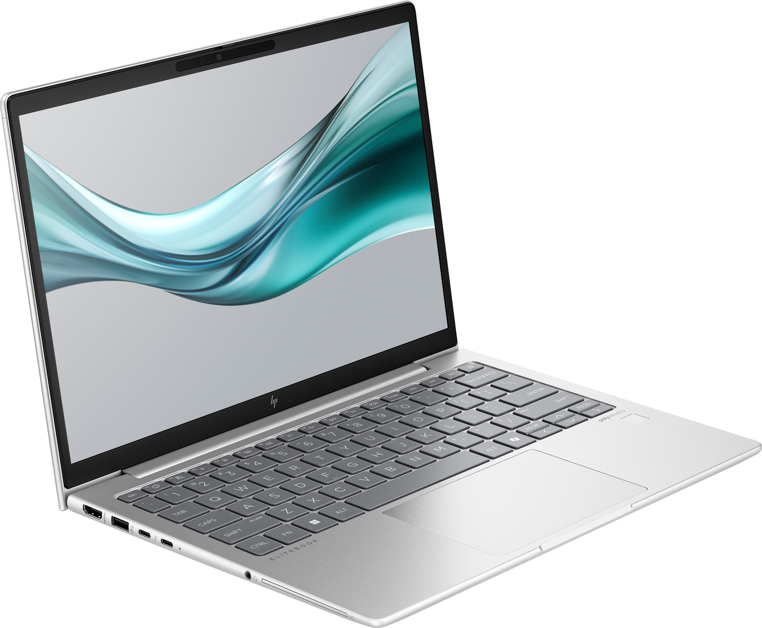 Ein silberner HP Elitebook Laptop mit geöffnetem Bildschirm, der ein abstraktes Muster zeigt.