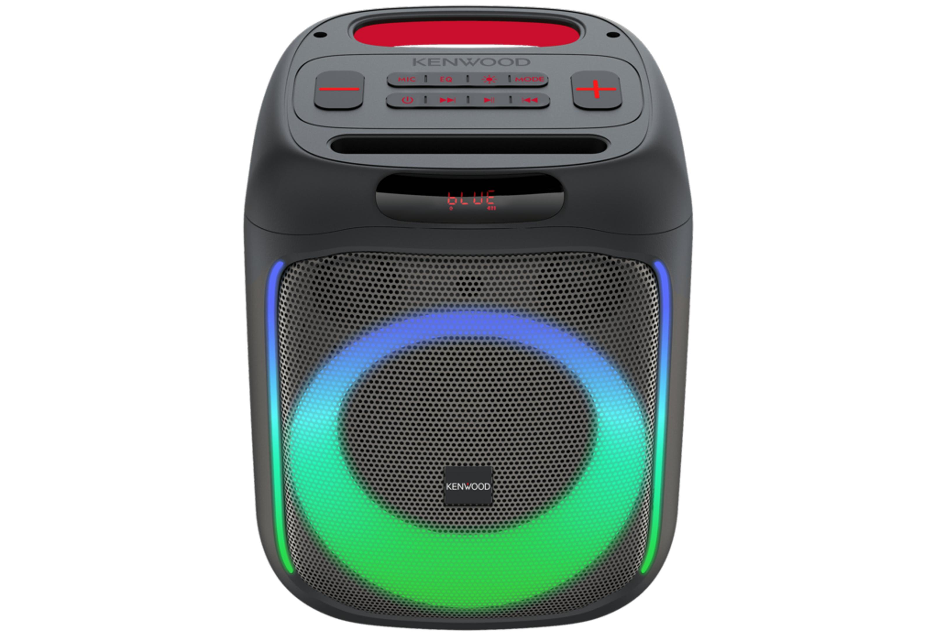 Een zwarte Kenwood Bluetooth speaker met rode bedieningselementen en een gloeiende ring.