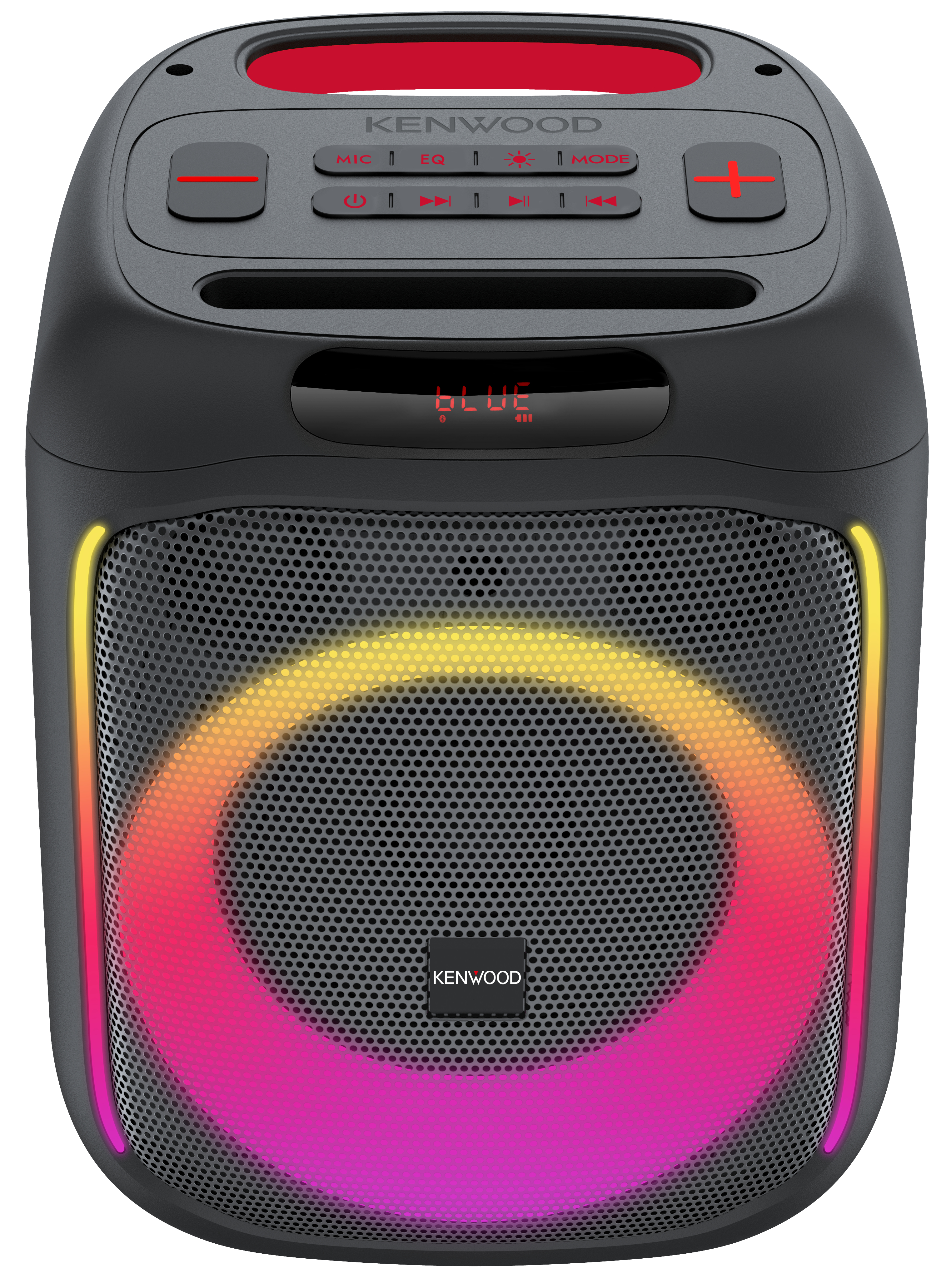Een zwarte Kenwood luidspreker met rode en gele LED-verlichting.